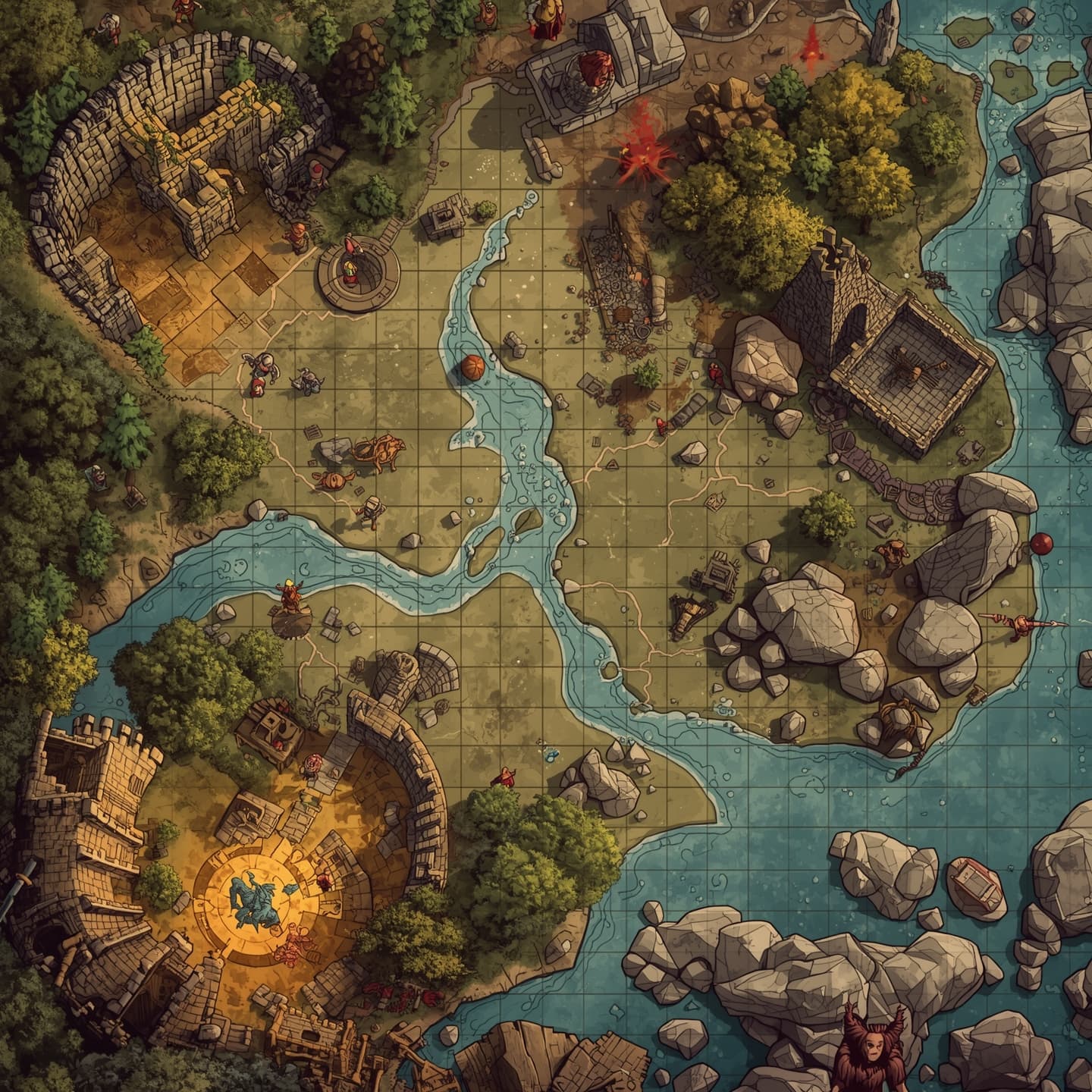 A highly detailed battlemap for Dungeons and Dragons, featuring a large grid with varied terrain such as forests, mountains, and rivers, set against a muted earthy color palette with touches of vibrant greens and blues, with a mix of fantasy elements like crumbling castle ruins, dragonfire-scorched trees, and mystical glowing runes, illuminated by a warm golden light, with a sense of depth and dimensionality, and plenty of space for miniature figures and character tokens, with visible paths and roads, and areas of foliage and rubble, all rendered in a classic fantasy art style with bold lines and intricate details.