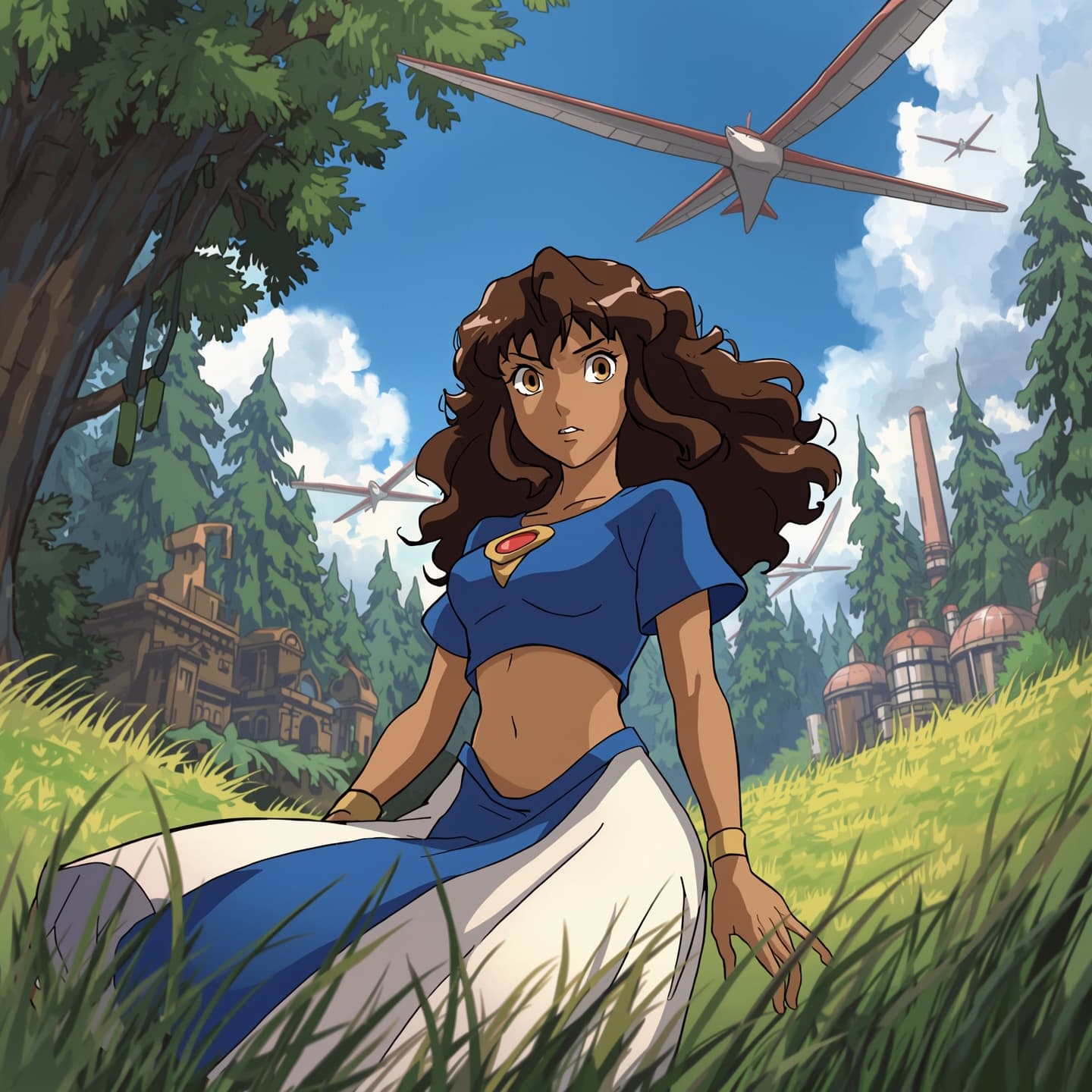 Nausicaa, the brave princess of the Valley of the Wind, standing in a lush meadow surrounded by tall trees and majestic gliders, wearing her iconic blue and white outfit with a determined expression on her strong, heart-shaped face, her long, curly brown hair flowing in the wind, her bright, inquisitive brown eyes sparkling with a sense of adventure, her skin a warm, sun-kissed beige, with a few loose strands of hair framing her face, set against a serene, natural backdrop with a clear blue sky and fluffy white clouds, with a hint of industrial machinery and technology in the distance, blending seamlessly into the organic environment, conveying a sense of harmony between nature and human innovation.