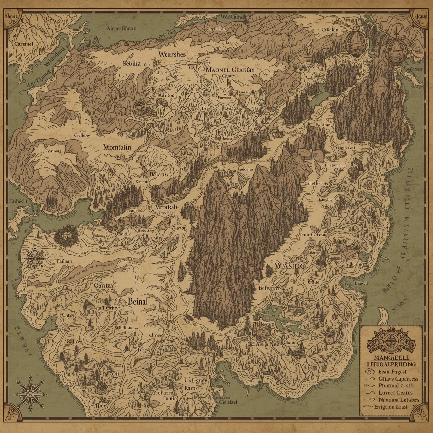 A hand-drawn regional map for Dungeons and Dragons, featuring rolling hills, dense forests, majestic mountains, and winding rivers, with no labels or markings, showcasing a medieval fantasy world with intricate details, subtle shading, and earthy tones, set against a parchment-like background with a classic, adventure-inspired aesthetic, incorporating traditional cartographic elements, and inviting exploration and discovery.