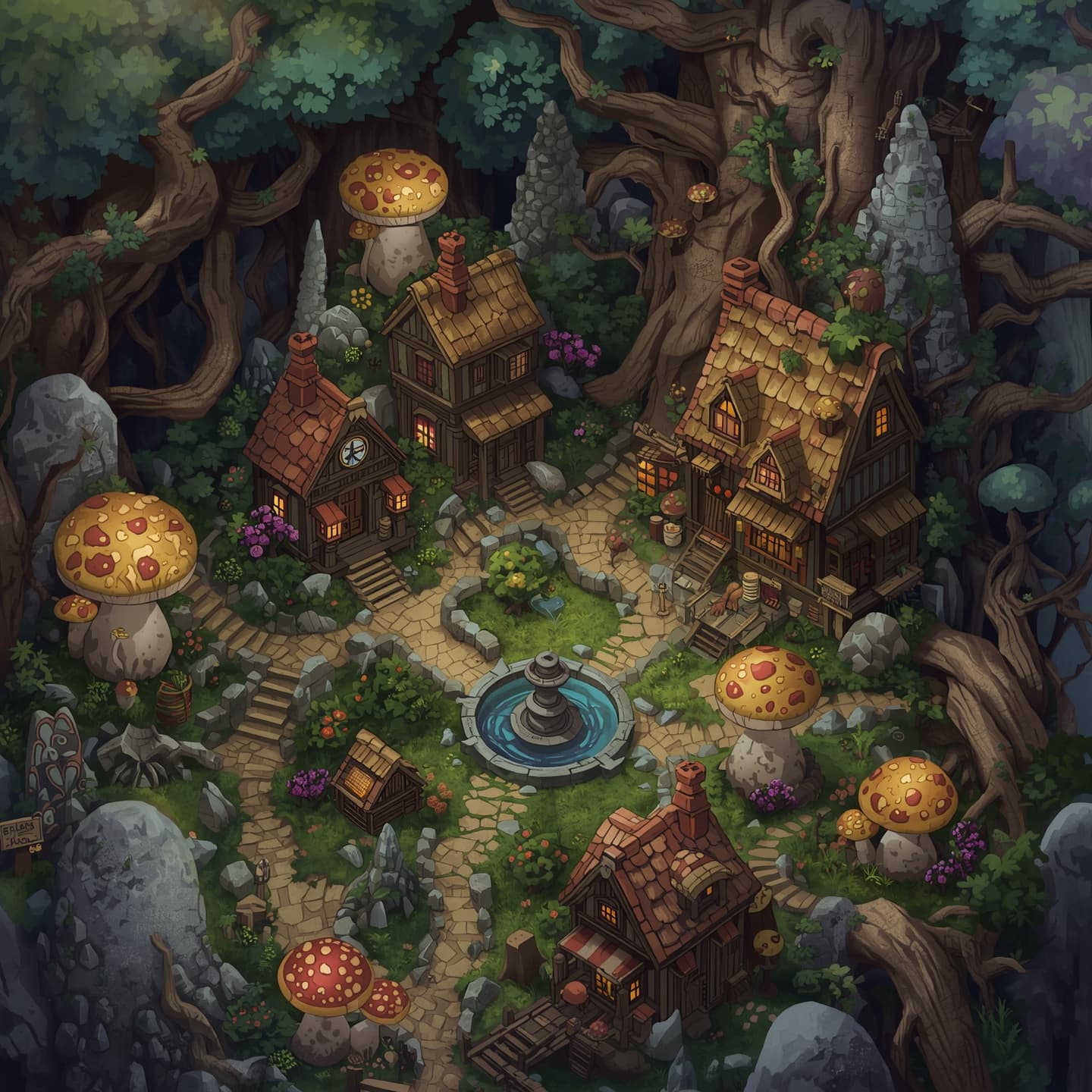 A intricately detailed map of a small mystical town nestled within a dense and vibrant mushroom forest, set amidst a fantasy realm, with winding dirt paths, glowing luminescent fungi, and twisted tree roots, featuring various shops, inns, and homes with steeply pitched roofs, all crafted from natural materials such as wood, stone, and thatch, surrounded by towering mushrooms of varying shapes and sizes, some with soft ethereal glows, under a warm and misty atmosphere, with the town's central square hosting a large stone fountain, for use in Dungeons and Dragons fantasy role-playing games.