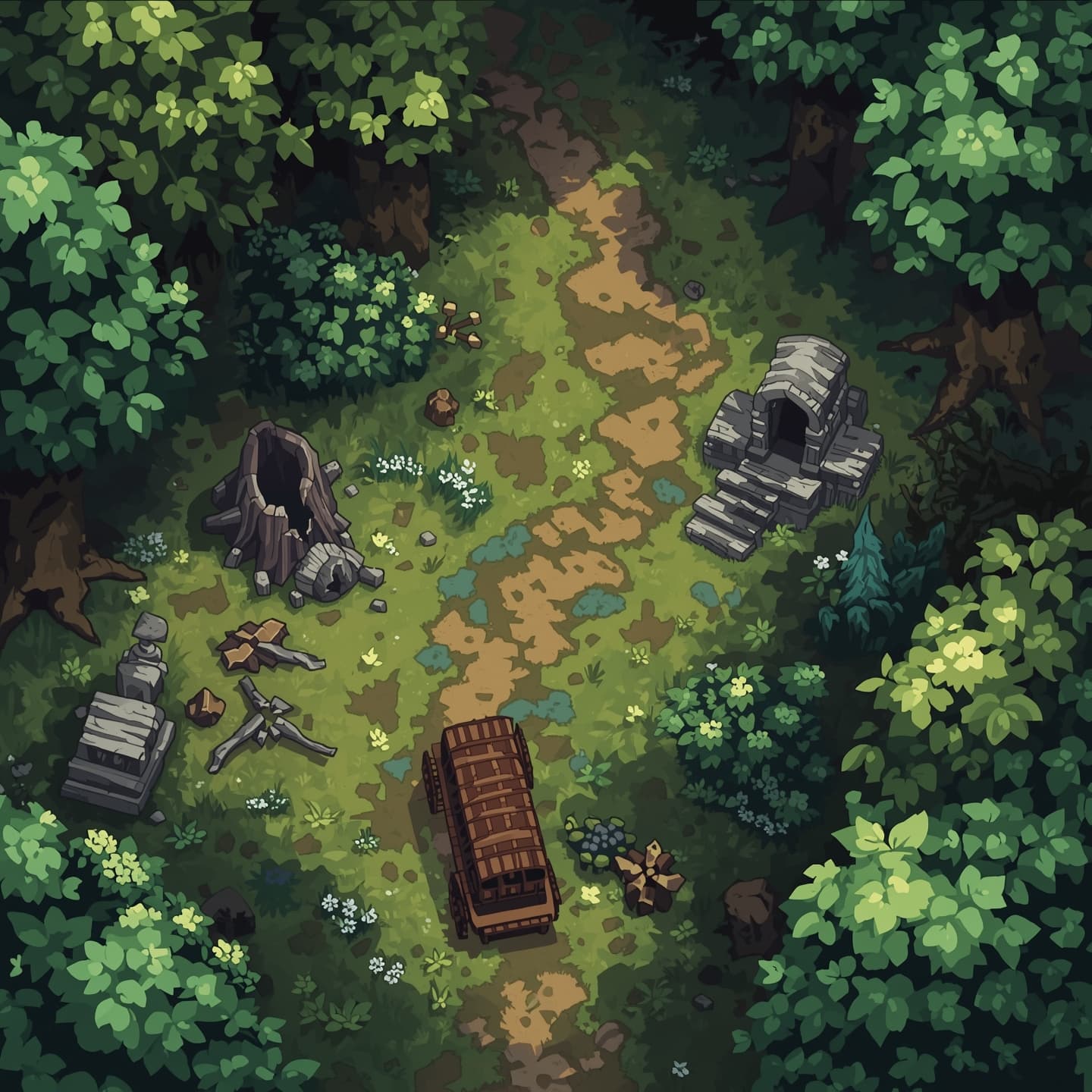 A serene wagon trail winds through a vibrant forest, viewed from directly above, with a soft and calming light coloring, designed for a fantasy RPG encounter map, set amidst a dense and lush forest with tall trees, scattered foliage, and a meandering path that invites exploration, featuring earthy tones and natural textures, with the wagon trail fading into the distance, surrounded by the forest's flora, and incorporating subtle hints of fantasy elements, such as ancient tree stumps, overgrown ruins, or mystical energy emanating from the surroundings, all blending together to create an immersive and enchanting atmosphere, perfect for a fantasy RPG encounter.