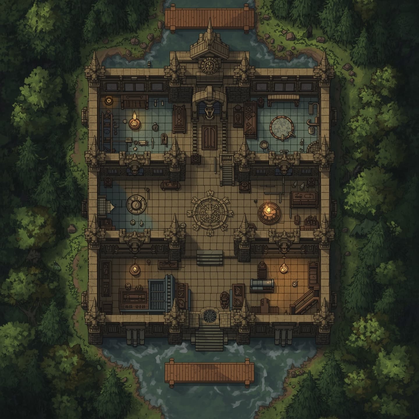 A necromancer's mansion in a top-down floorplan view with light coloring, set amidst a dense forest, featuring intricate stone walls, tall spires, and grand halls, with various rooms and chambers, including a large library, a laboratory, and a grand throne room, all adorned with mystical symbols and eerie artifacts, surrounded by a moat and accessible by a wooden bridge, with a subtle mist rolling in from the forest, for a fantasy RPG encounter map, incorporating earthy tones and muted greens to reflect the forest surroundings, with delicate lines and ornate details to evoke a sense of mysticism and foreboding.
