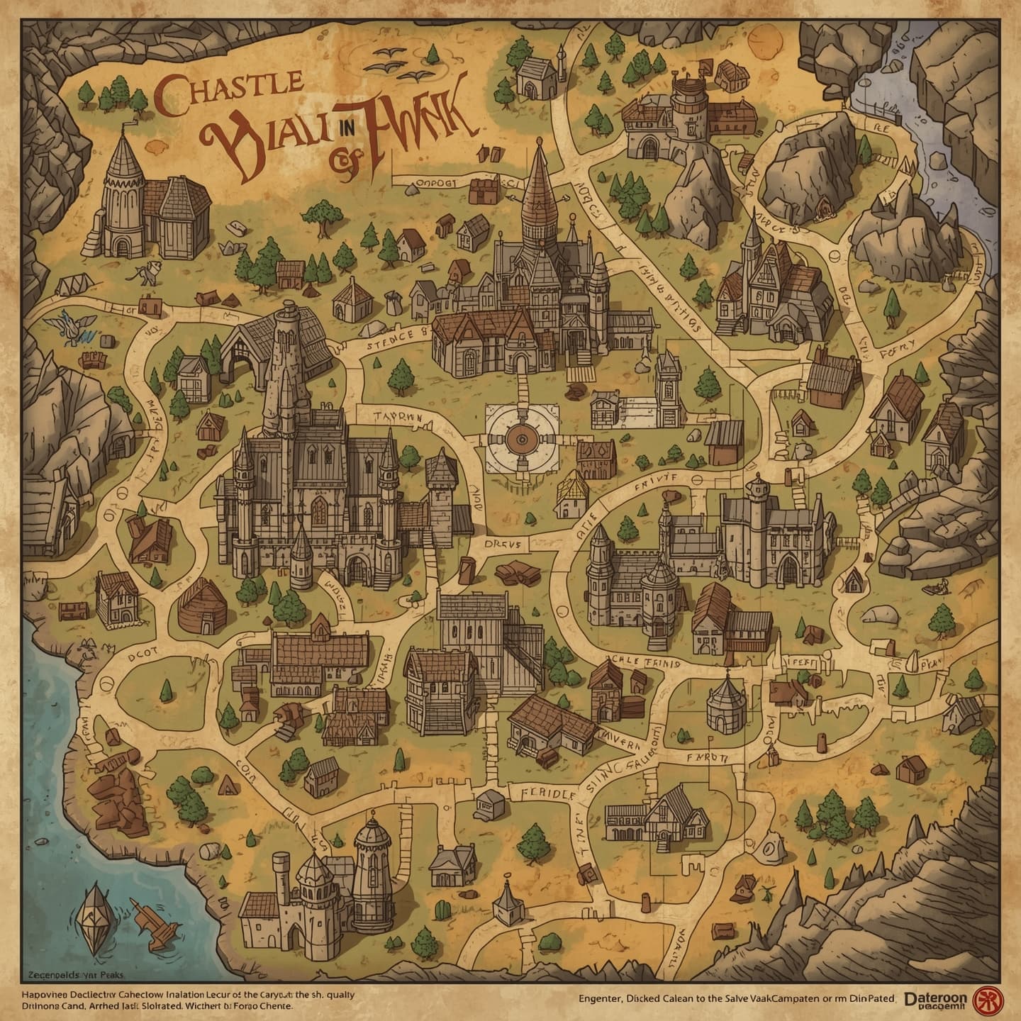 A detailed handmade town map for Dungeons and Dragons, featuring intricate illustrations of buildings, roads, and landscapes, with a mix of medieval and fantasy elements, created in a warm, earthy color palette with shades of brown, green, and beige, on a parchment-like background with subtle texture, including various landmarks such as a castle, tavern, and market square, with no labels or text, and a sense of worn, aged quality, as if the map has been well-used by adventurers, with a subtle border and a sense of depth and dimensionality.