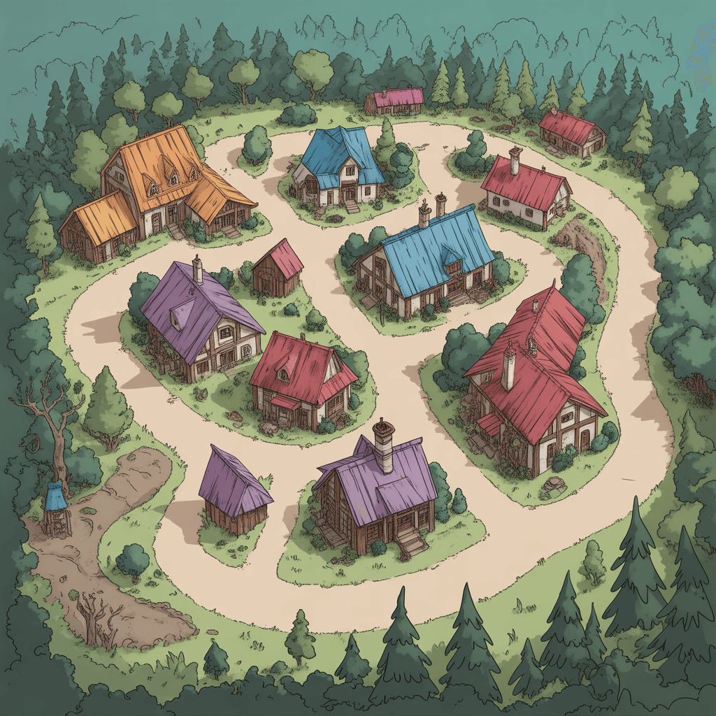 A map of a small town in the woods, for Dungeons and Dragons, fantasy rpg