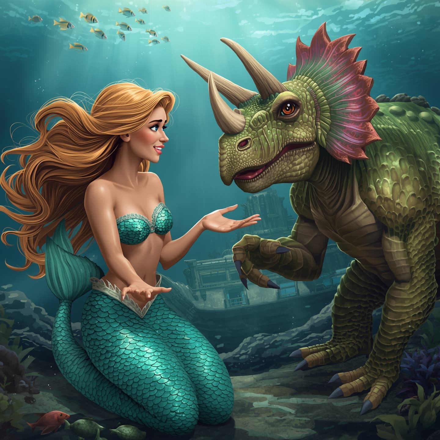 A majestic mermaid with shimmering turquoise scales, flowing long blonde hair, and bright blue eyes, is engaged in a conversation with a dinosaur person, who has the body of a muscular man, covered in green scaly skin, with a long tail, and the head of a friendly triceratops, featuring a distinctive frill and three horns, the dinosaur person has a warm smile and piercing brown eyes, the scene is set underwater, with a school of colorful fish swimming in the background, and a sunken shipwreck visible in the distance, the mermaid is gesturing with her delicate hands, while the dinosaur person is leaning in, fascinated by their conversation.