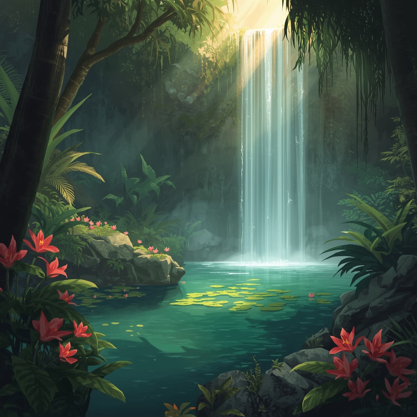 A serene tropical waterfall cascades into a tranquil pond surrounded by lush green vegetation and vibrant exotic flowers, with a light color palette, for a fantasy RPG encounter map, featuring magical elements, and a dreamy atmosphere, with warm sunlight filtering through the mist, and a sense of adventure and discovery, incorporating natural textures and organic shapes, with a mix of soft and delicate lines, and bold brushstrokes, to create an immersive and enchanting environment.