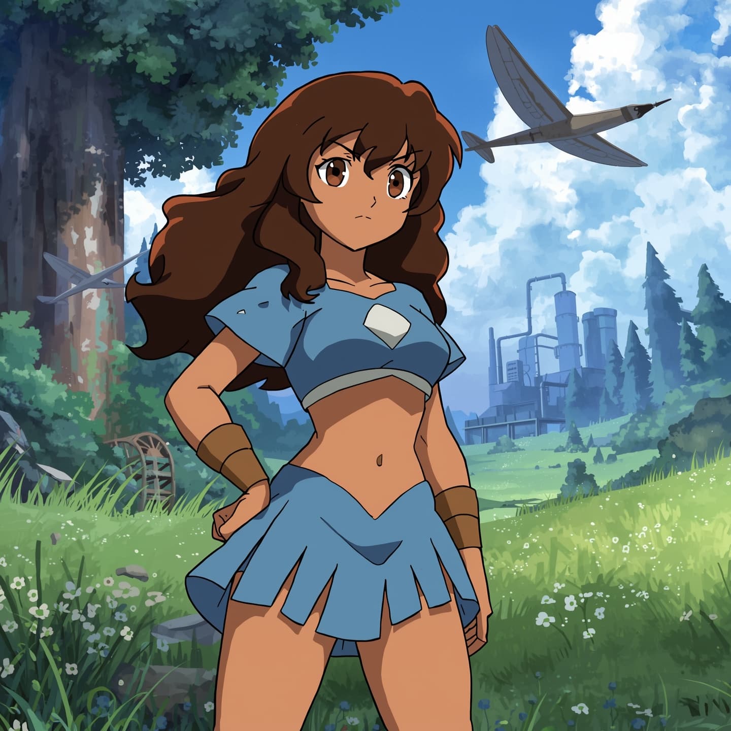 Nausicaa, the brave princess of the Valley of the Wind, standing in a lush meadow surrounded by tall trees and majestic gliders, wearing her iconic blue and white outfit with a determined expression on her strong, heart-shaped face, her long, curly brown hair flowing in the wind, her bright, inquisitive brown eyes sparkling with a sense of adventure, her skin a warm, sun-kissed beige, with a few loose strands of hair framing her face, set against a serene, natural backdrop with a clear blue sky and fluffy white clouds, with a hint of industrial machinery and technology in the distance, blending seamlessly into the organic environment, conveying a sense of harmony between nature and human innovation.