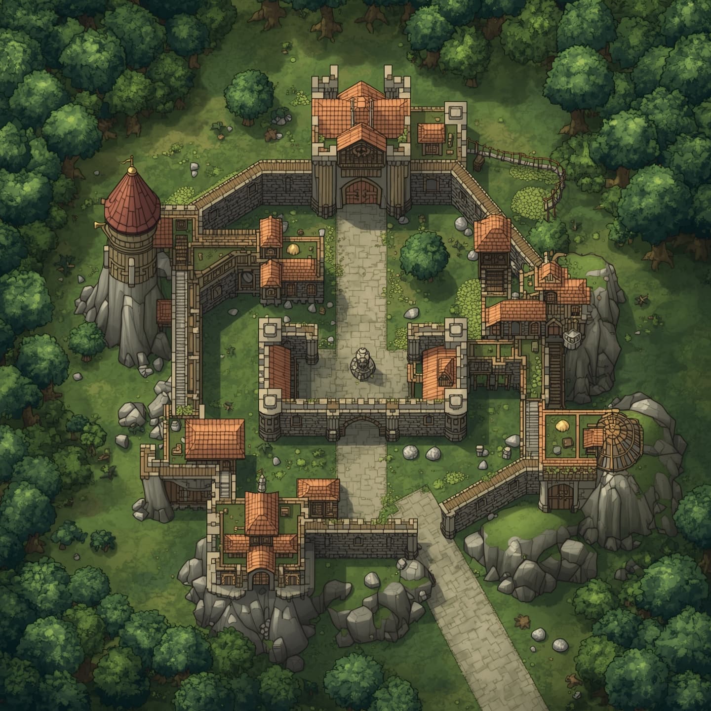 A detailed fort situated atop a gentle hill, presented in a top-down floorplan view, with a predominantly light color scheme, intended for a fantasy role-playing game as an encounter map, set amidst a lush forest with trees and foliage surrounding the hill, the fort's architecture features towers, battlements, and a central keep, with pathways and stairways connecting the various sections, the forest floor is covered with a soft layer of green foliage, and the overall style is reminiscent of a whimsical medieval setting, with the fort's light stone walls and roofs standing out against the darker green of the forest.