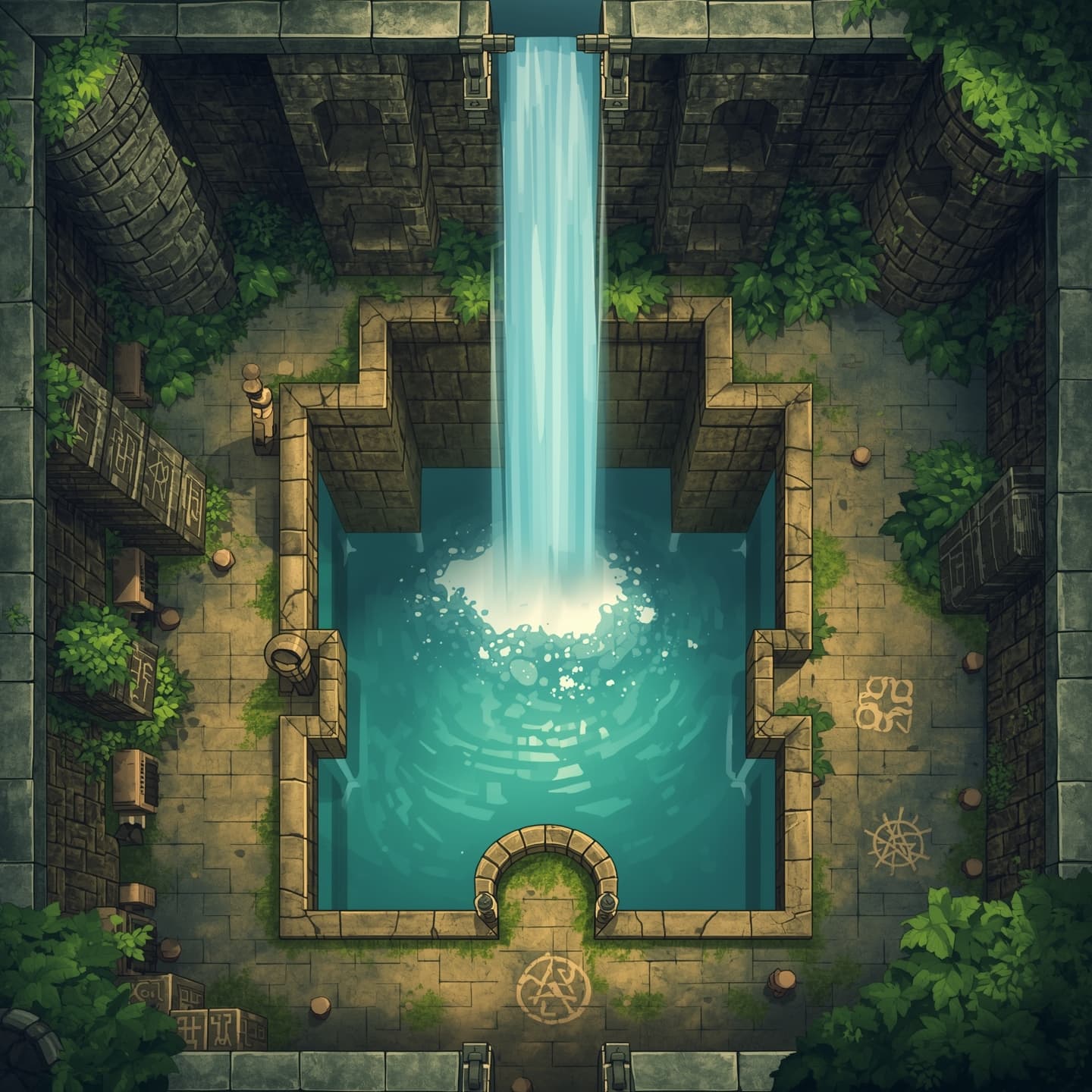 A serene waterfall cascades down into a tranquil pool in a floorplan view, with light earthy coloring, suitable for a fantasy RPG setting, the dungeon map features a mix of lush greenery and rugged stone walls, with the sound of gently flowing water echoing through the air, illuminated by soft natural light, and adorned with mystical symbols and ancient runes etched into the stone, blending fantasy and natural elements in a harmonious and immersive environment.