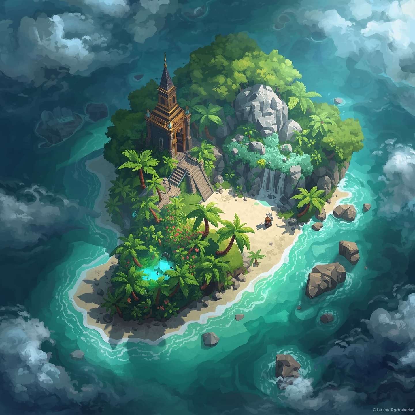 A vibrant tropical island with soft light coloring, featuring lush green palm trees, crystal clear turquoise waters, and powdery white sand beaches, set amidst a mystical atmosphere for a fantasy role-playing game encounter map, with magical elements such as glowing flora, shimmering waterfalls, and ancient ruins, inviting adventurers to explore its secrets and wonders.