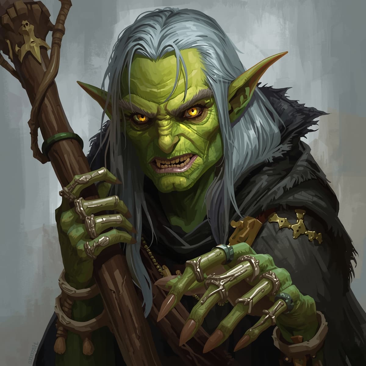 A green hag with long silver hair and piercing yellow eyes, her skin a mossy green color with wrinkles and warts, wearing a tattered black cloak with a golden clasp, holding a wooden staff in her bony hand, her long fingers adorned with rings made of twisted roots and small bones, set against a transparent background, in a fantasy art style reminiscent of Dungeons and Dragons, with intricate details and textures, and a sense of mystical and ominous atmosphere, her facial features twisted in a scowl, revealing crooked teeth, and a hint of magical aura surrounding her.