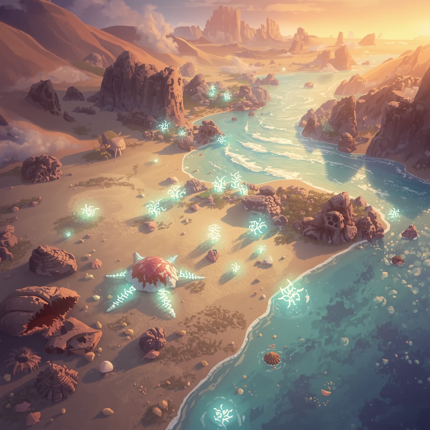 A serene magic beach in a floorplan view with soft, calming light coloring, designed for a fantasy role-playing game as an encounter map, featuring rolling dunes, scattered seashells, and mystical glowing plants, with a meandering shoreline and distant rock formations, all set against a warm, gradient sky with a few puffy white clouds, incorporating subtle texture and gentle shading to evoke an immersive and enchanting atmosphere.