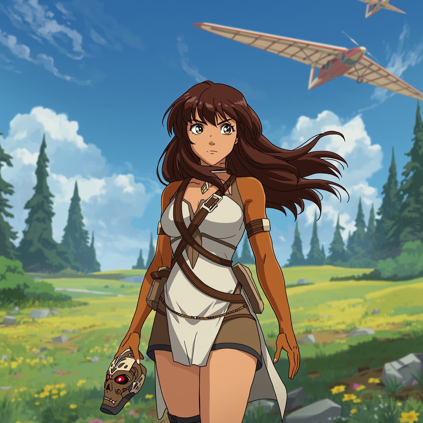 Nausicaa, a determined and courageous princess from a post-apocalyptic world, standing in a serene and vibrant meadow filled with towering trees and lush greenery, wearing a sleek white and brown pilot suit, her long brown hair flowing in the wind, her bright brown eyes shining with a mix of wonder and concern, her skin a warm sun-kissed beige, holding a delicate and intricate mask in her hand, with a majestic glider looming in the background, set against a clear blue sky with a few wispy clouds, the atmosphere filled with a sense of adventure and harmony with nature.