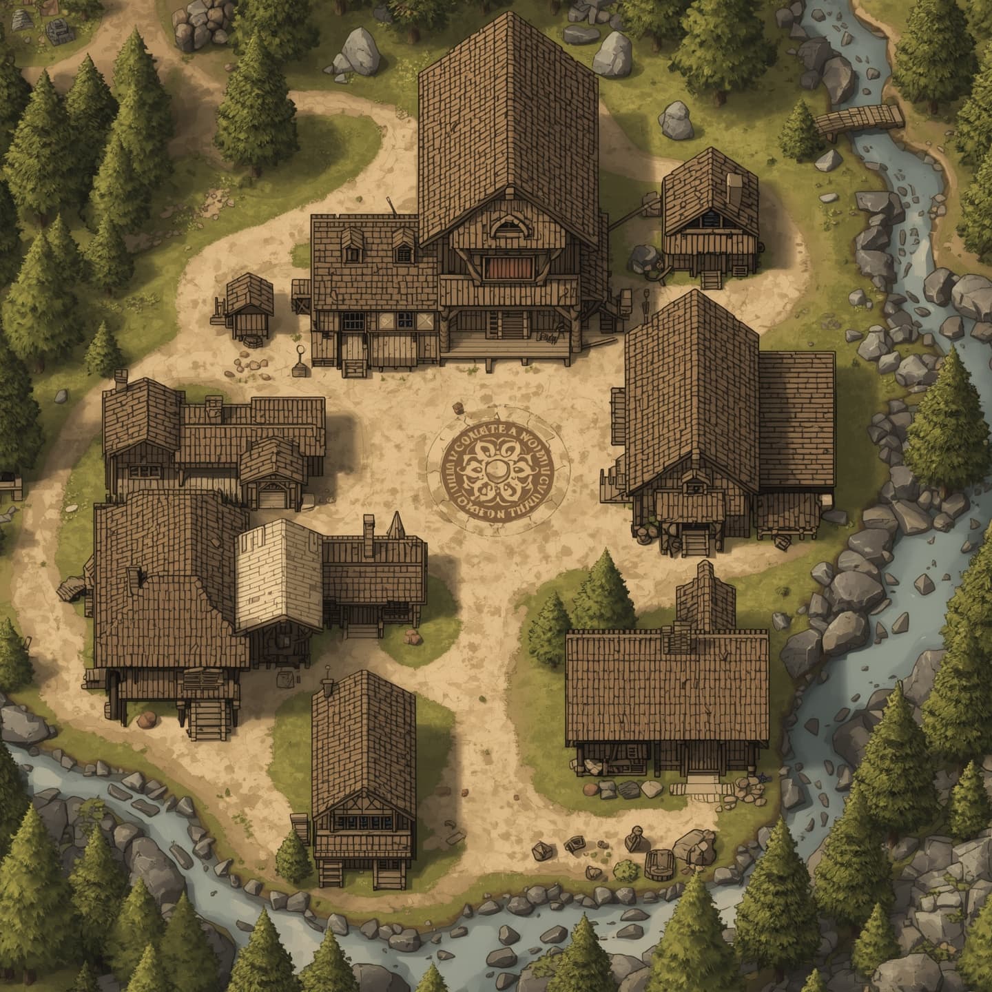 An inn in a small town with several wooden buildings, top-down, floorplan view, light beige coloring with earthy tones, for fantasy rpg, encounter map, surrounded by a dense forest with tall trees, featuring a central town square, winding dirt paths, and a meandering river in the distance, with intricate details on roof tiles, doors, and windows, and various fantasy-themed symbols etched into the walls, all set against a soft, serene backdrop with a warm, inviting atmosphere.