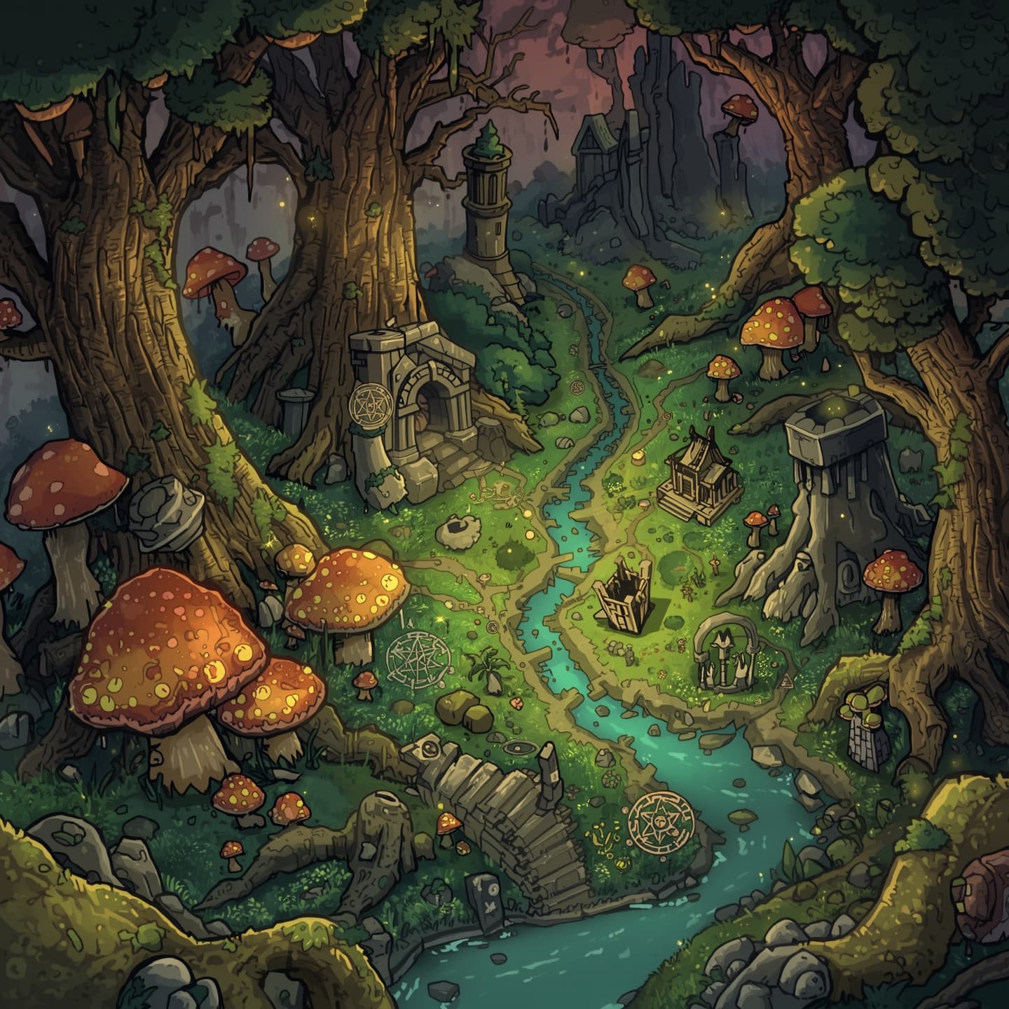 A detailed, illustrated map of a mystical mushroom forest, set in a fantasy realm, with towering fungal growths, twinkling fireflies, and meandering pathways, designed for use in Dungeons and Dragons, a fantasy role-playing game, featuring earthy tones, with moss-covered tree trunks, glowing mushrooms, and vibrant green foliage, under a warm, sunset-like light, with a sense of adventure and discovery, including various symbols, markings, and landmarks, such as glowing runes, ancient ruins, and hidden clearings, all meticulously crafted to transport players to an immersive and enchanting world.