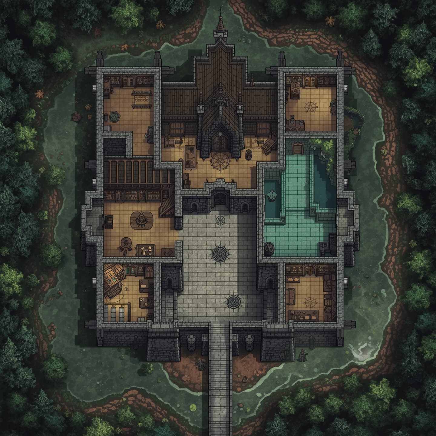 A necromancer's mansion in a top-down floorplan view with light coloring, set amidst a dense forest, featuring intricate stone walls, tall spires, and grand halls, with various rooms and chambers, including a large library, a laboratory, and a grand throne room, all adorned with mystical symbols and eerie artifacts, surrounded by a moat and accessible by a wooden bridge, with a subtle mist rolling in from the forest, for a fantasy RPG encounter map, incorporating earthy tones and muted greens to reflect the forest surroundings, with delicate lines and ornate details to evoke a sense of mysticism and foreboding.