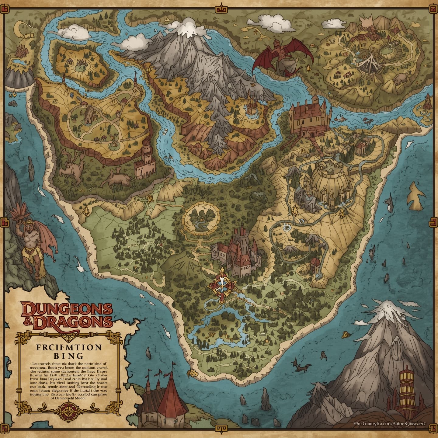 A detailed regional map for Dungeons and Dragons, featuring a medieval-inspired fantasy landscape with rolling hills, dense forests, and towering mountain ranges, rendered in a vibrant color palette with earthy tones, blues, and greens, incorporating intricate illustrations of mythical creatures, ancient ruins, and mystical symbols, with a decorative border and a prominent title in a bold, serif font, and including various geographic features such as rivers, lakes, and coastlines, all presented in a classic, hand-drawn style reminiscent of traditional fantasy cartography.