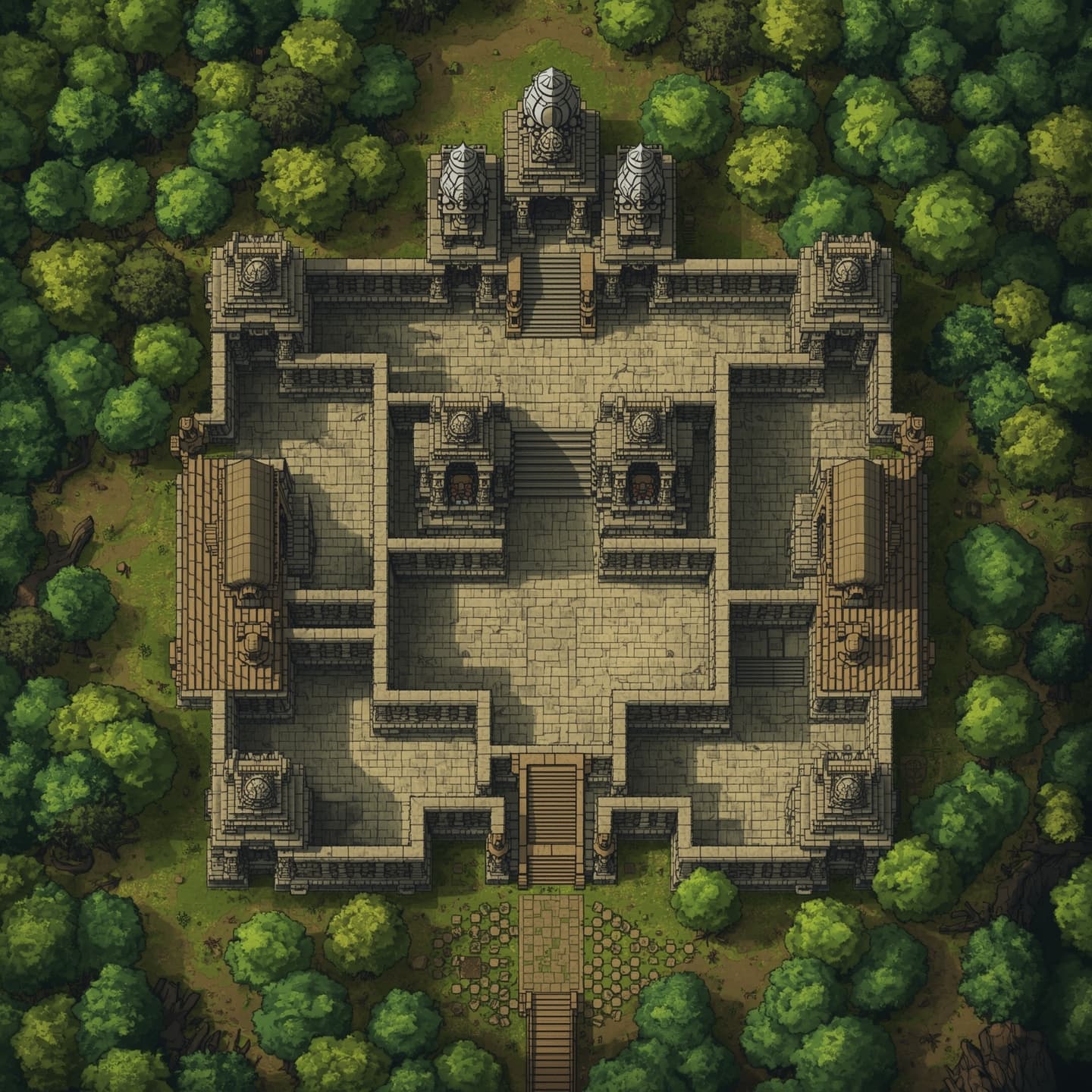 A sprawling temple complex situated atop a densely forested hill, presented in a top-down floorplan view, with a predominantly light color palette, intended for use as an encounter map in a fantasy role-playing game, featuring intricate stone pathways, grand entrance halls, and ornate sanctuaries, surrounded by a lush canopy of trees with varying shades of green, and incorporating subtle texture details to evoke a sense of ancient mystique and forgotten lore.