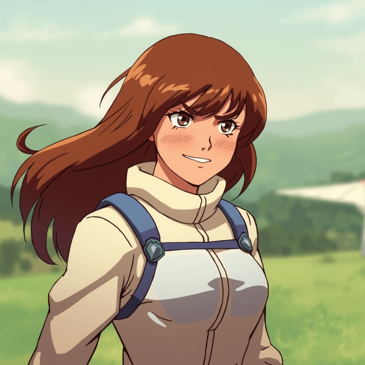 Nausicaa, the determined princess from the Valley of the Wind, is depicted in a humorous and unexpected moment, letting out a fart, her face slightly flushed with a mix of embarrassment and innocence, her long brown hair flowing in the wind, wearing her iconic white and blue Mehve glider pilot suit, with a subtle sheen to the fabric, set against a soft, serene backdrop of the valley's lush green landscape, with the faint outline of the Mehve glider in the distance, the overall mood is lighthearted and playful, with a touch of whimsy, Nausicaa's eyes are cast downward, her eyebrows slightly raised, and her lips pursed, as if trying to stifle a giggle, her skin has a warm, golden undertone, and her expression is one of sheepish amusement.