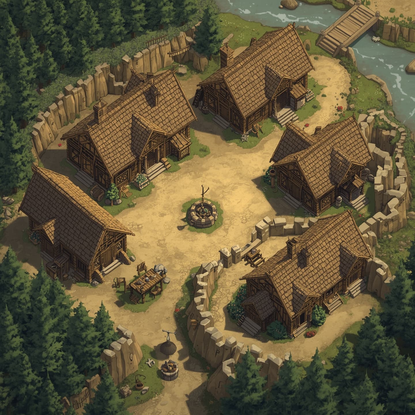 An inn in a small town with several wooden buildings, top-down, floorplan view, light beige coloring with earthy tones, for fantasy rpg, encounter map, surrounded by a dense forest with tall trees, featuring a central town square, winding dirt paths, and a meandering river in the distance, with intricate details on roof tiles, doors, and windows, and various fantasy-themed symbols etched into the walls, all set against a soft, serene backdrop with a warm, inviting atmosphere.