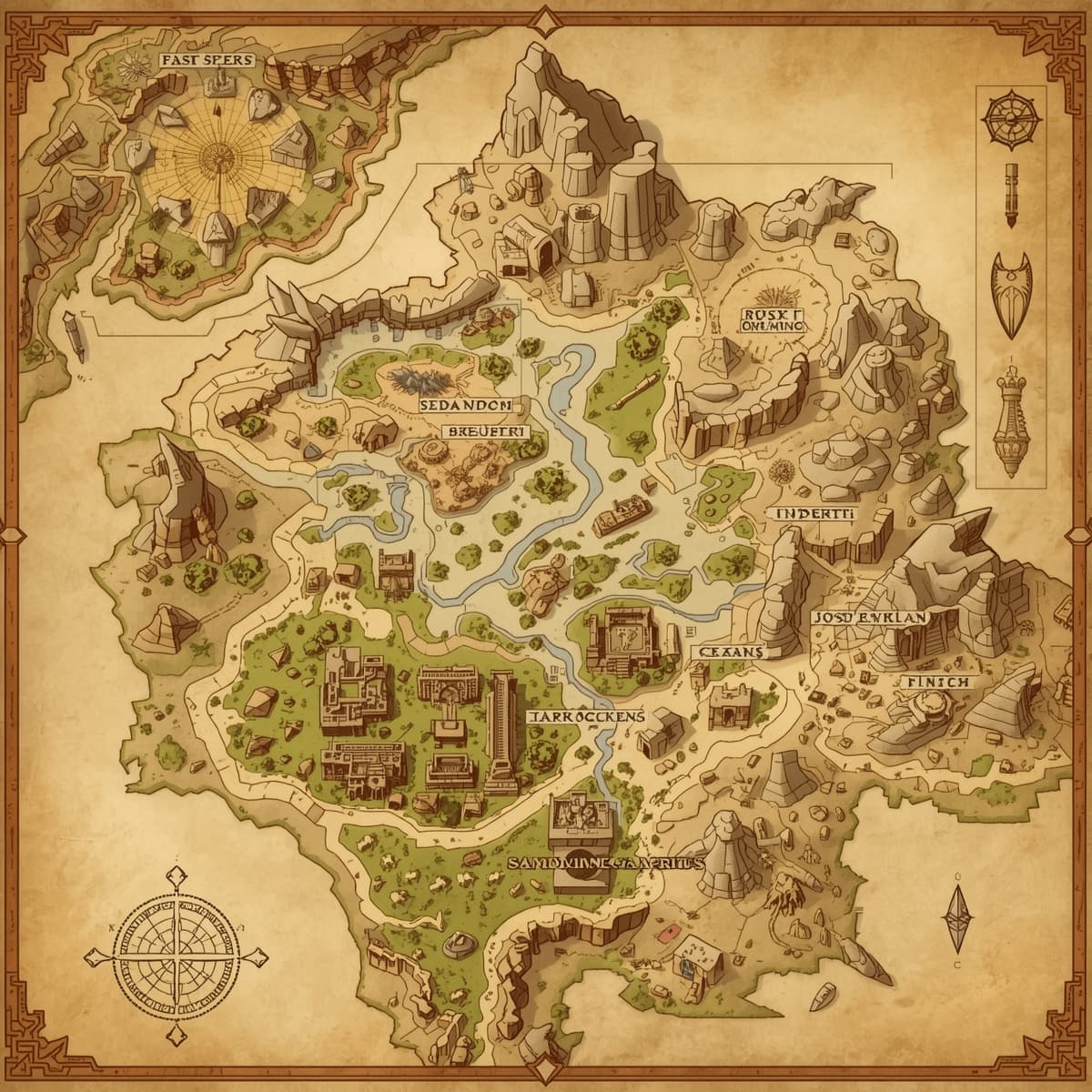 A intricately illustrated desert map, devoid of any background, specifically designed for Dungeons and Dragons, featuring a detailed network of sandy dunes, oases, and rocky outcrops, with a worn, parchment-like texture, and a range of geographical landmarks and points of interest, including ancient ruins, hidden temples, and treacherous sandstone canyons, all meticulously crafted in a fantasy style, with a warm, earthy color palette, and adorned with cryptic symbols, mysterious runes, and subtle grid lines, waiting to be explored by brave adventurers.