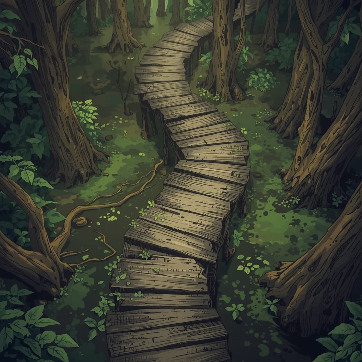 A serene wooden path winding through a dense swamp, viewed from directly above, with a muted light coloring palette, intended for a Dungeons and Dragons wilderness map, featuring a vast expanse of murky waters, twisted cypress trees, and lush green vegetation, with the wooden path guiding adventurers through the treacherous terrain, surrounded by an atmosphere of mystery and danger, incorporating earthy tones such as olive green, brown, and beige, with the path itself weathered to a soft gray, blending seamlessly into the swamp's natural environment.
