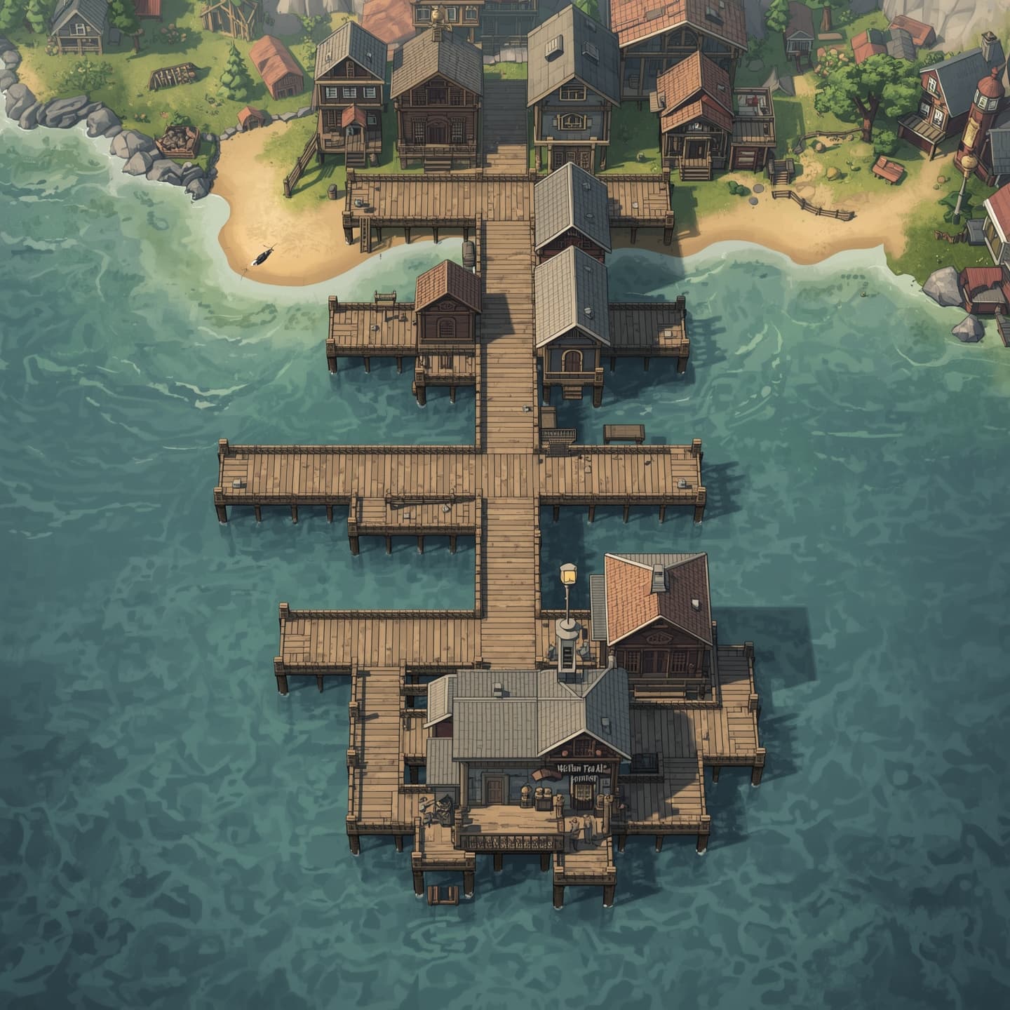A serene town with wooden docks jutting out into a calm body of water, presented in a top-down floorplan view, with a predominantly light coloring scheme featuring soft pastel hues, designed for use as a Dungeons and Dragons battlemap, incorporating intricate details such as buildings, streets, and trees, with the docks themselves comprising of worn wooden planks and rustic lampposts, set against a gentle backdrop of rolling hills and distant mountains, all carefully crafted to provide an immersive environment for players to explore and engage in their campaign.