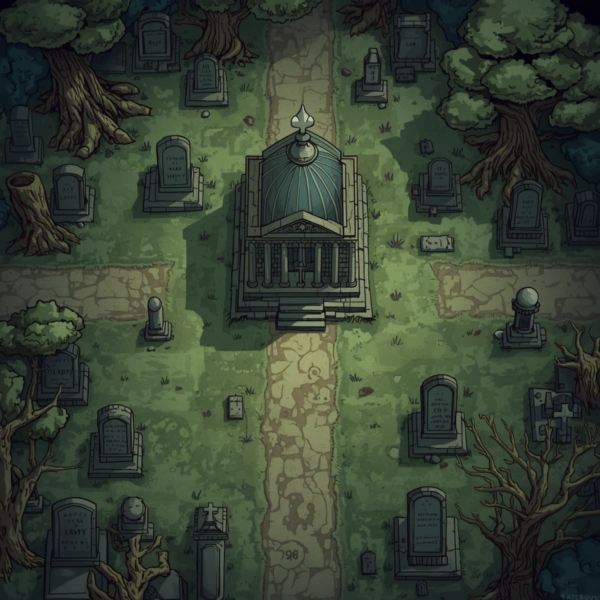 A detailed graveyard map, devoid of any background, specifically designed for Dungeons and Dragons, featuring intricate pathways, variously sized graves, and old, gnarled trees, with headstones of differing shapes and epitaphs in a elegant, cursive font, and a large, ancient mausoleum at the center, all illustrated in a mix of dark and muted earthy tones to evoke a sense of mystery and foreboding, with subtle shading to give depth and texture, and a faint, eerie glow around the edges to hint at supernatural presence.