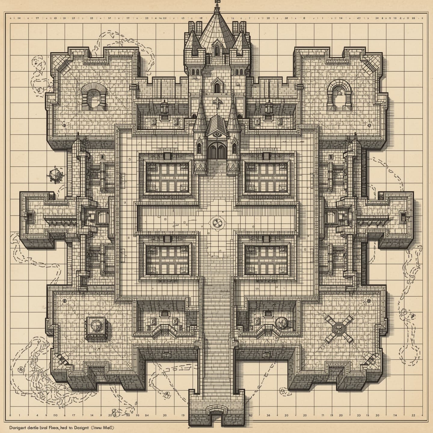 A medieval castle, intricately detailed battlemap for Dungeons and Dragons, rendered in black and white, hand drawn with varying line weights and textures, presented in a floorplan view, showcasing multiple levels and rooms, including a grand hall, towers, and a moat, with hand-drawn labels and symbols, on a grid system, with subtle shading to indicate depth and dimension, and a mix of straight and curved lines to create a sense of complexity and history.