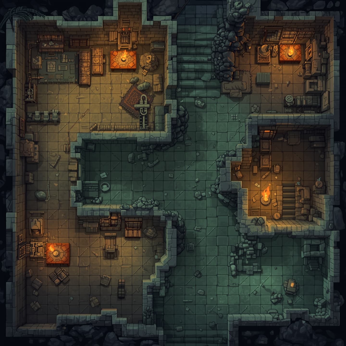 Goblin caves in a top-down floorplan view with a light coloring scheme, featuring a mixture of earthy tones and muted greens, designed for Dungeons and Dragons as a battle map, with winding tunnels, large caverns, and smaller chamber rooms, including goblin-sized furniture and crude torches on the walls, with a subtle grid pattern overlaid to facilitate gameplay, and various environmental obstacles such as rocks, debris, and treacherous pitfalls, all illuminated by a soft, diffuse light to create an eerie atmosphere.