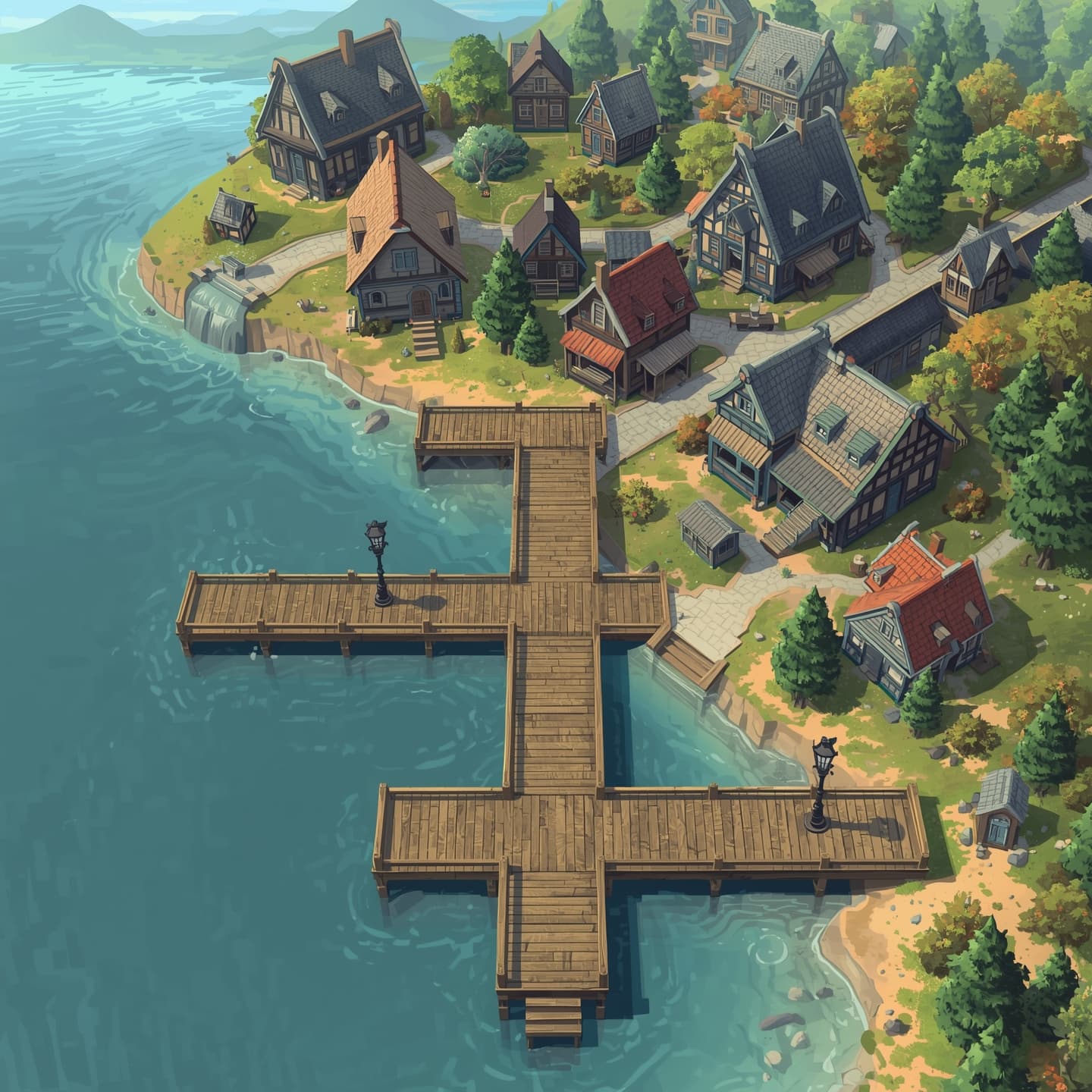 A serene town with wooden docks jutting out into a calm body of water, presented in a top-down floorplan view, with a predominantly light coloring scheme featuring soft pastel hues, designed for use as a Dungeons and Dragons battlemap, incorporating intricate details such as buildings, streets, and trees, with the docks themselves comprising of worn wooden planks and rustic lampposts, set against a gentle backdrop of rolling hills and distant mountains, all carefully crafted to provide an immersive environment for players to explore and engage in their campaign.