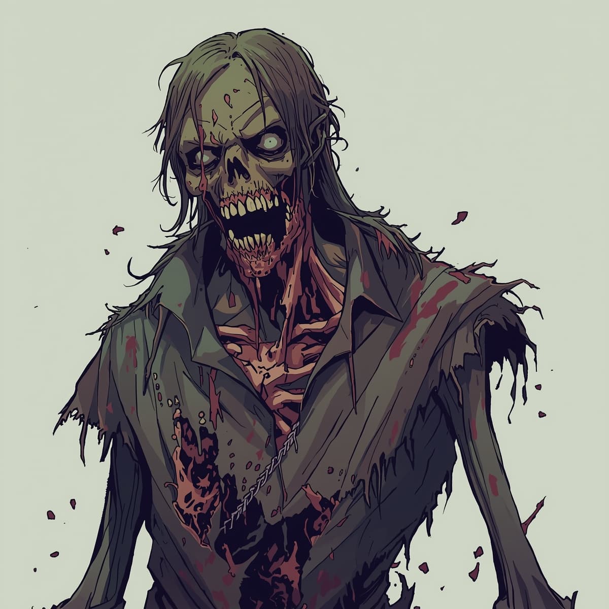 A grotesque zombie with decaying flesh and exposed bones, isolated from any background, rendered in a fantasy art style suitable for Dungeons and Dragons, with a focus on menacing facial features, sunken eyes, and tattered clothing, set against a neutral tone to emphasize the zombie's terrifying appearance, with bold lines, dark shading, and a mix of earthy tones such as green, brown, and grey to create a haunting and eerie atmosphere.