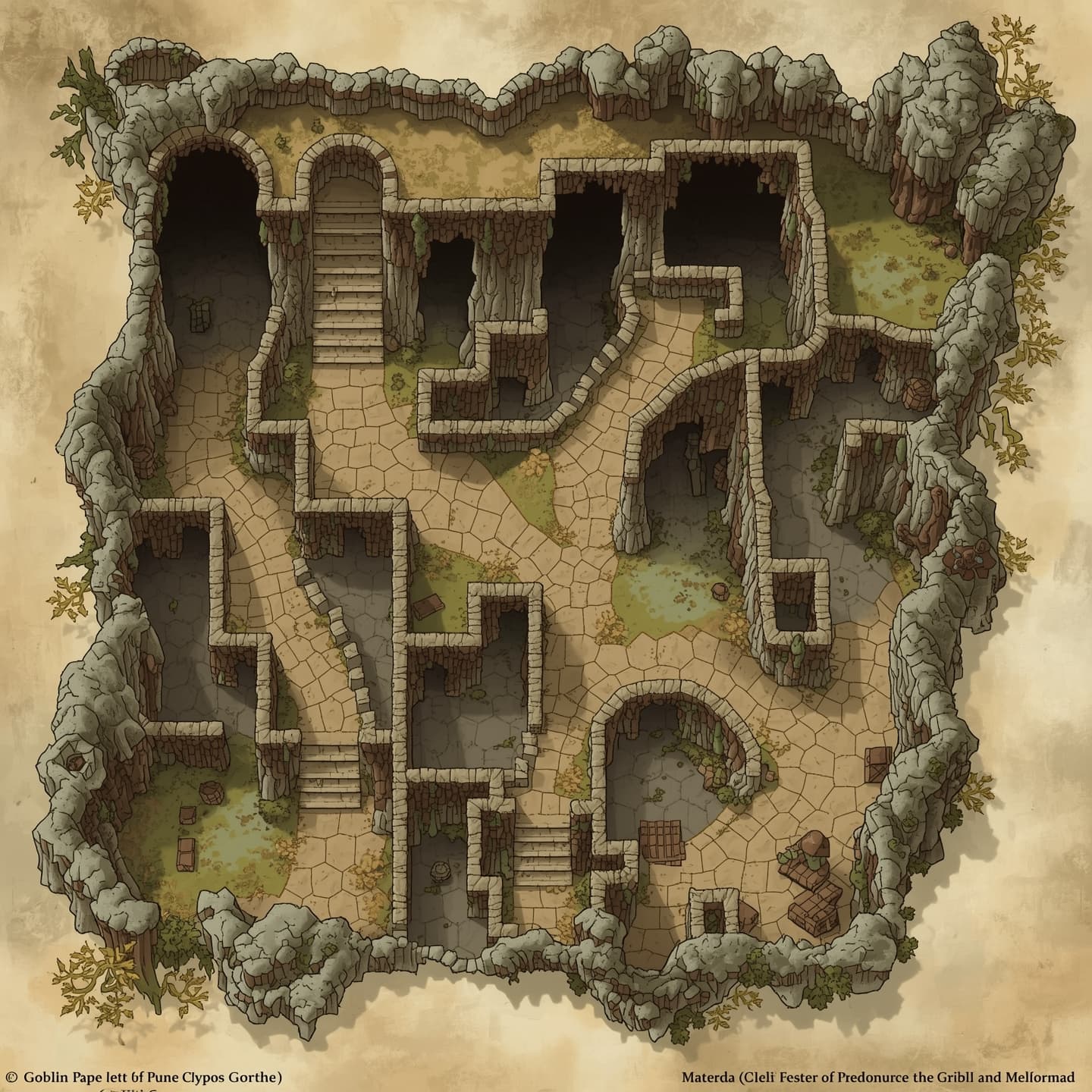 Goblin caves depicted in a top-down floorplan view with a predominantly light coloring scheme, designed for use in Dungeons and Dragons as an encounter map, featuring intricate tunnel networks, cavernous spaces, and potentially hidden chambers, with faint hints of moss and fungal growth on the walls, and subtle shading to indicate varying heights and depths, all set against a clean and minimalist background to facilitate easy navigation and gameplay.