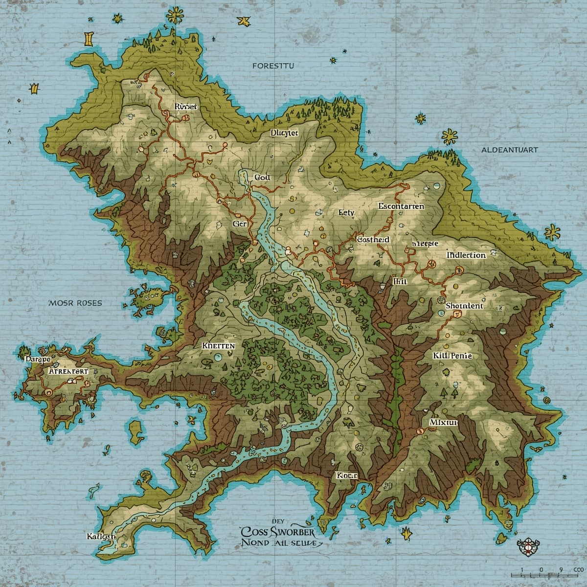 A intricately detailed island map, set against a transparent background, designed specifically for Dungeons and Dragons, featuring a variety of geographical elements such as forests, mountains, rivers, and coastlines, with a mix of straight and curved lines, and a range of symbols and markings to denote points of interest, created in a fantasy-style aesthetic with earthy colors and bold lines, including a key or legend to explain the various symbols and markings, with a sense of adventure and discovery, and a focus on functionality and usability for players and game masters alike.