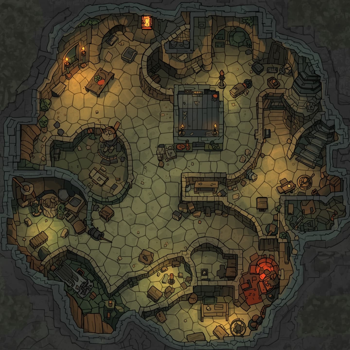 Goblin caves in a top-down floorplan view with a light coloring scheme, featuring a mixture of earthy tones and muted greens, designed for Dungeons and Dragons as a battle map, with winding tunnels, large caverns, and smaller chamber rooms, including goblin-sized furniture and crude torches on the walls, with a subtle grid pattern overlaid to facilitate gameplay, and various environmental obstacles such as rocks, debris, and treacherous pitfalls, all illuminated by a soft, diffuse light to create an eerie atmosphere.