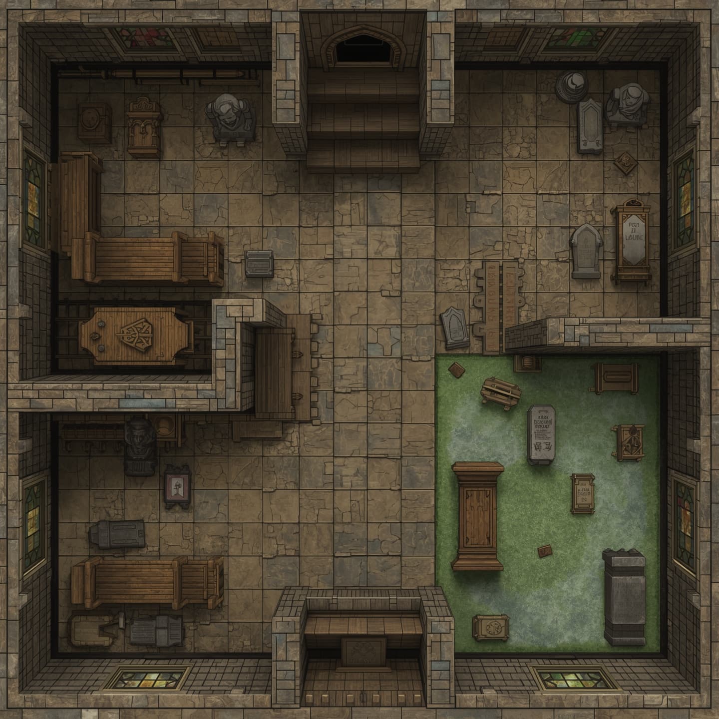 A detailed old church floorplan with a graveyard located at the back, presented in a battlemap style with a top down view, specifically designed for use in Dungeons and Dragons, featuring stone walls, wooden pews, and stained glass windows, with various graves and tombstones scattered throughout the graveyard, each with intricate carvings and faded epitaphs, the entire scene rendered in a mix of earthy tones and muted colors, with the church's interior and graveyard carefully laid out to facilitate strategic gameplay and exploration.