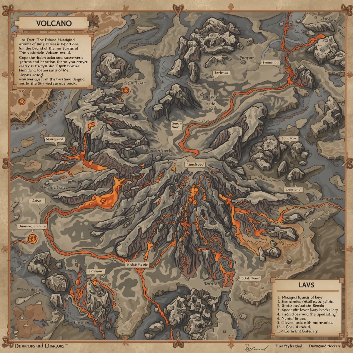 A detailed volcano map with intricate illustrations of mountainous terrain, lava flows, and volcanic peaks, set against a transparent background, designed specifically for use in Dungeons and Dragons, featuring a mix of earthy tones such as browns, tans, and grays, with bold black lines and labels to highlight notable locations and terrain features, including winding paths, rocky outcroppings, and potentially hidden dangers, all presented in a fantasy-style cartography with ornate font styles and symbols, inviting players to explore the volcanic landscape.