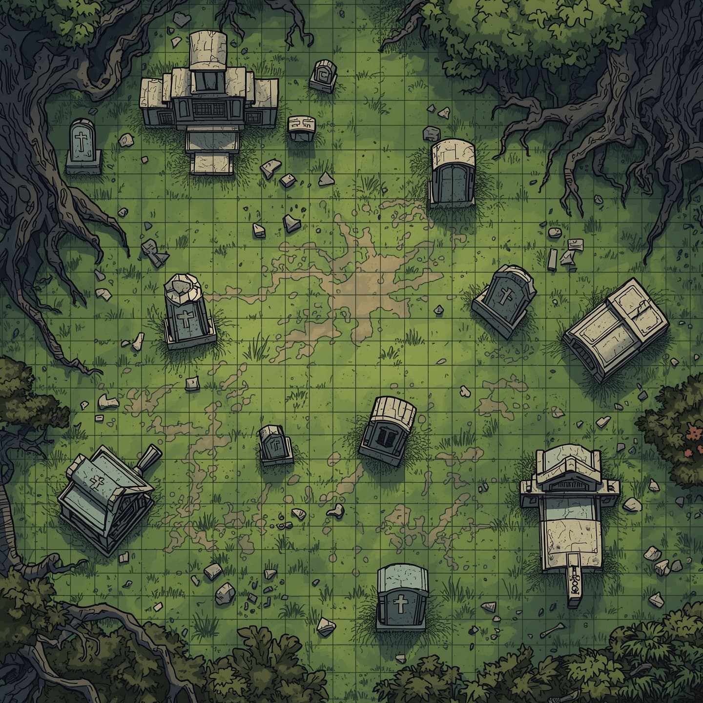 A detailed graveyard battlemap in a top down floorplan view for Dungeons and Dragons, illustrated in a hand drawn style with intricate lines and varying textures, featuring crumbling headstones, overgrown grass, and twisted tree roots, with a mix of faded and vibrant colors to evoke a sense of mystery and foreboding, including subtle shading and hatching to add depth and dimension, with a faint grid pattern to guide player movement and combat, and a variety of gravestones, mausoleums, and other funeral monuments to create a rich and immersive environment.