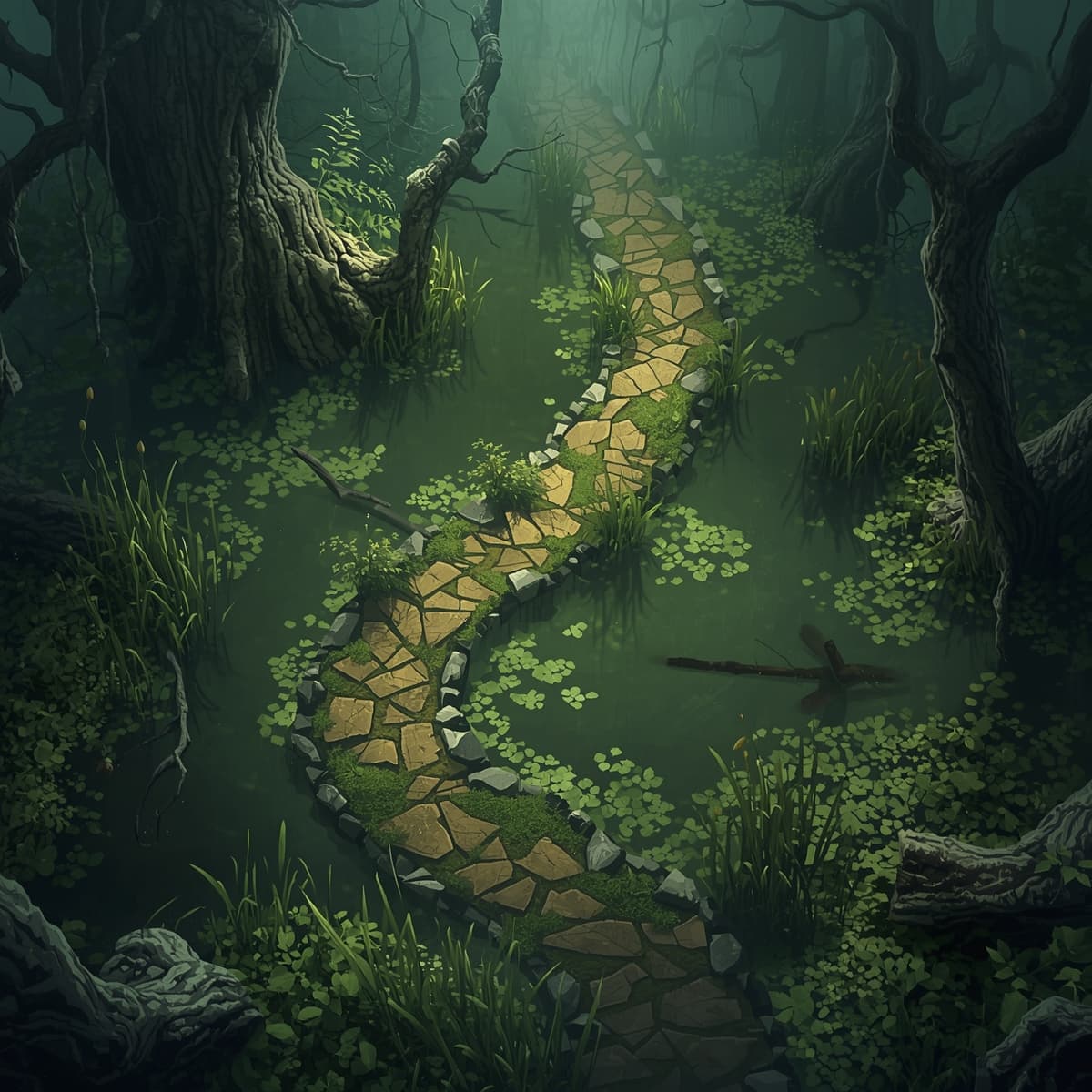 A top-down view of a winding path in a dense swamp, illuminated by soft, diffused light, with a predominantly light color palette, intended for a Dungeons and Dragons battle map, featuring murky water, twisted trees, and lush green vegetation, with the path meandering through the swamp, possibly lined with tall reeds, water lilies, or other aquatic plants, and surrounded by a foggy atmosphere, creating an eerie and mysterious ambiance, suitable for a fantasy role-playing game setting.
