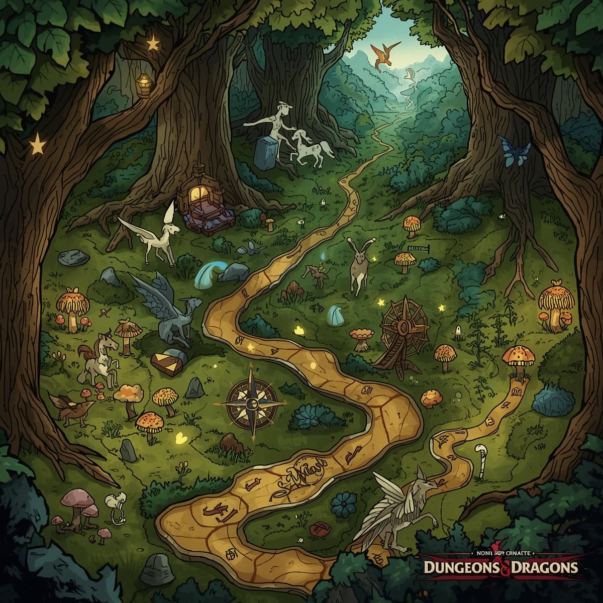 A detailed illustration of a mystical forest map, devoid of any background, specifically designed for Dungeons and Dragons, featuring winding pathways, ancient trees, glowing mushrooms, and twinkling fireflies, with intricate symbols, runes, and markings that glow with a soft, ethereal light, and a compass rose with delicate, swirl-like patterns, all rendered in a whimsical, hand-drawn style with earthy tones, mossy greens, and sky blues, and adorned with fantastical creatures, such as unicorns, dragons, and phoenixes, in the distance, with bold lines, and ornate lettering, and a sense of wonder and enchantment, inviting players to explore the magic that lies within.