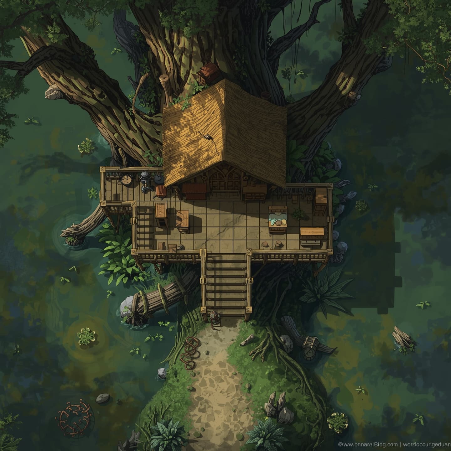 Treehouse in a swampy environment, depicted in a top-down floorplan view, with light coloring, intended for use as a dungeon map in a Dungeons and Dragons game, featuring a central tree trunk with branching supports, a thatched roof, and elevated walkways, surrounded by murky waters and lush greenery, with a worn dirt path leading up to the entrance, and subtle shading to indicate depth and texture, including furniture and fixtures such as wooden beds, tables, and chests, with a sense of mystical adventure and exploration, and a color palette that reflects the misty and mysterious atmosphere of the swamp.