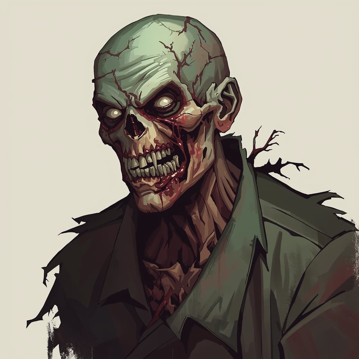 A grotesque zombie with decaying flesh and exposed bones, isolated from any background, rendered in a fantasy art style suitable for Dungeons and Dragons, with a focus on menacing facial features, sunken eyes, and tattered clothing, set against a neutral tone to emphasize the zombie's terrifying appearance, with bold lines, dark shading, and a mix of earthy tones such as green, brown, and grey to create a haunting and eerie atmosphere.