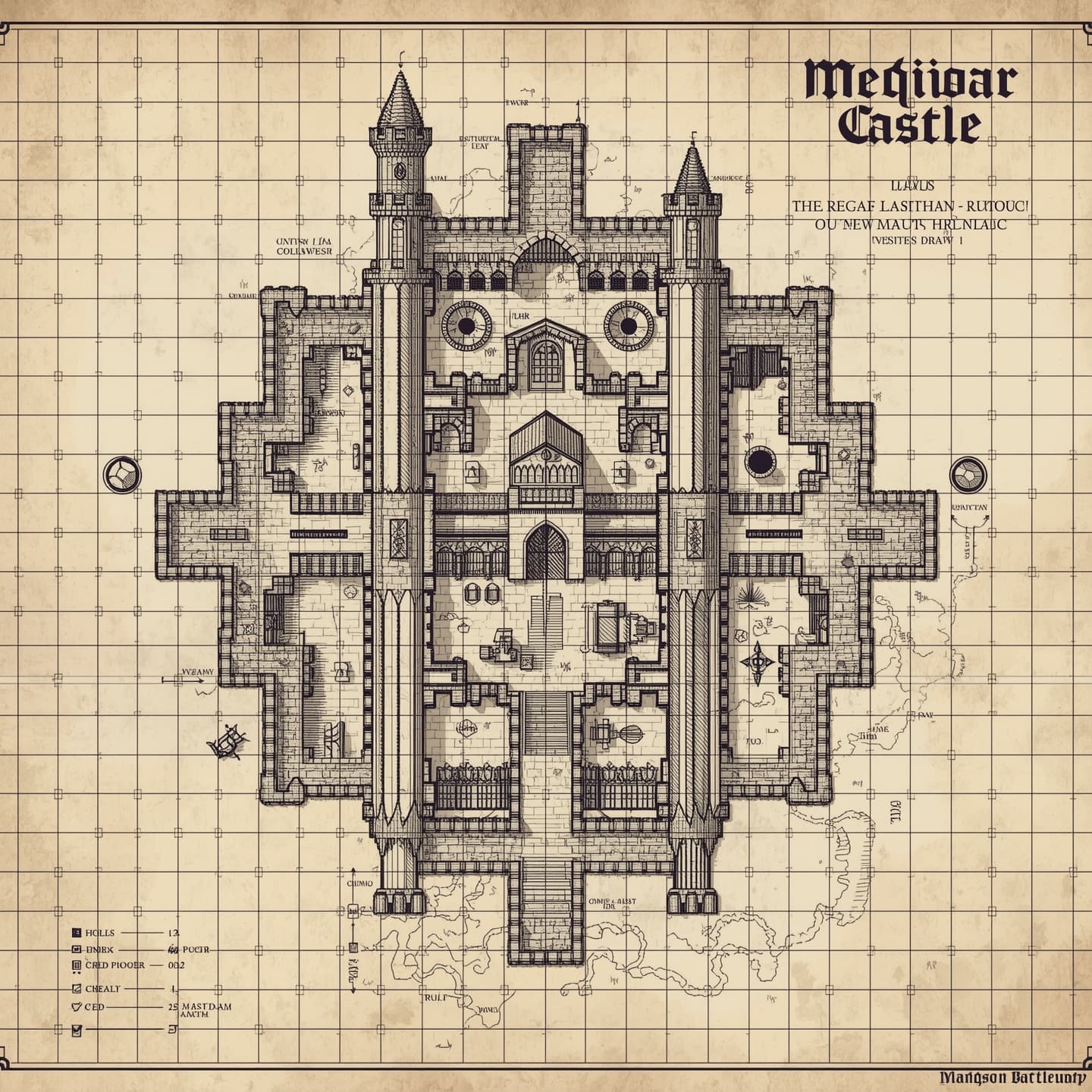A medieval castle, intricately detailed battlemap for Dungeons and Dragons, rendered in black and white, hand drawn with varying line weights and textures, presented in a floorplan view, showcasing multiple levels and rooms, including a grand hall, towers, and a moat, with hand-drawn labels and symbols, on a grid system, with subtle shading to indicate depth and dimension, and a mix of straight and curved lines to create a sense of complexity and history.