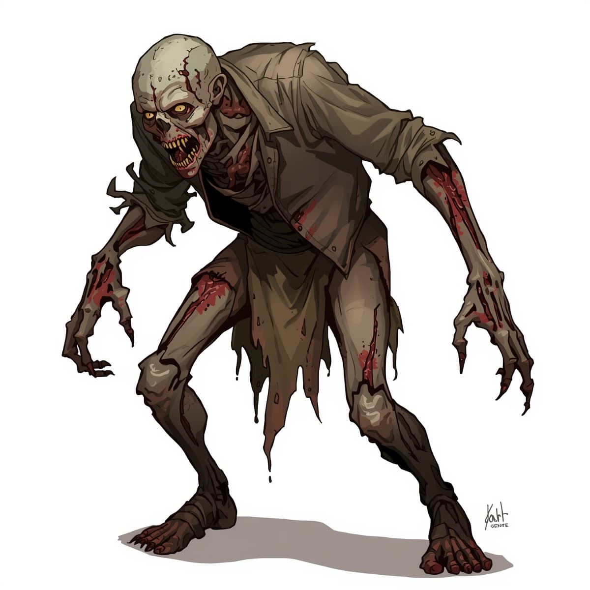A detailed illustration of a zombie, depicted from head to toe, with no background, specifically designed for Dungeons and Dragons, featuring a grotesque and undead appearance with decaying flesh, exposed bones, and tattered clothing, with a focus on eerie and haunting aesthetics, in a style reminiscent of dark fantasy art, with muted earthy colors and deep shadows, and a sense of dynamic movement and tension, with the zombie's facial features contorted in a snarl, showing yellowed teeth and sunken eyes, and unique attributes such as torn flesh and broken limbs.