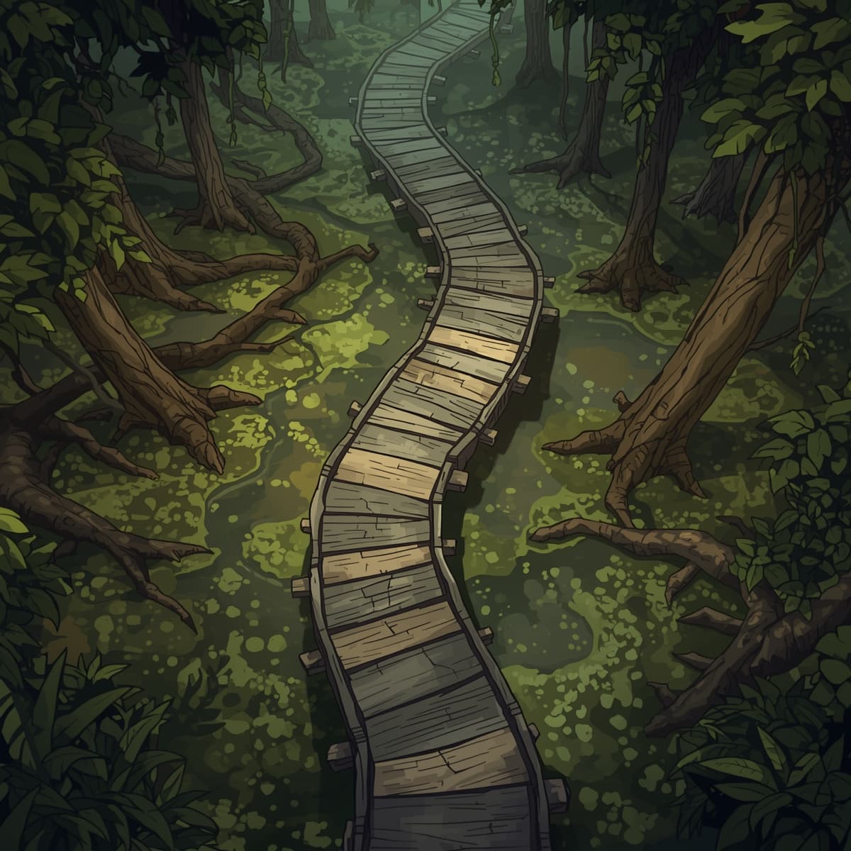 A serene wooden path winding through a dense swamp, viewed from directly above, with a muted light coloring palette, intended for a Dungeons and Dragons wilderness map, featuring a vast expanse of murky waters, twisted cypress trees, and lush green vegetation, with the wooden path guiding adventurers through the treacherous terrain, surrounded by an atmosphere of mystery and danger, incorporating earthy tones such as olive green, brown, and beige, with the path itself weathered to a soft gray, blending seamlessly into the swamp's natural environment.