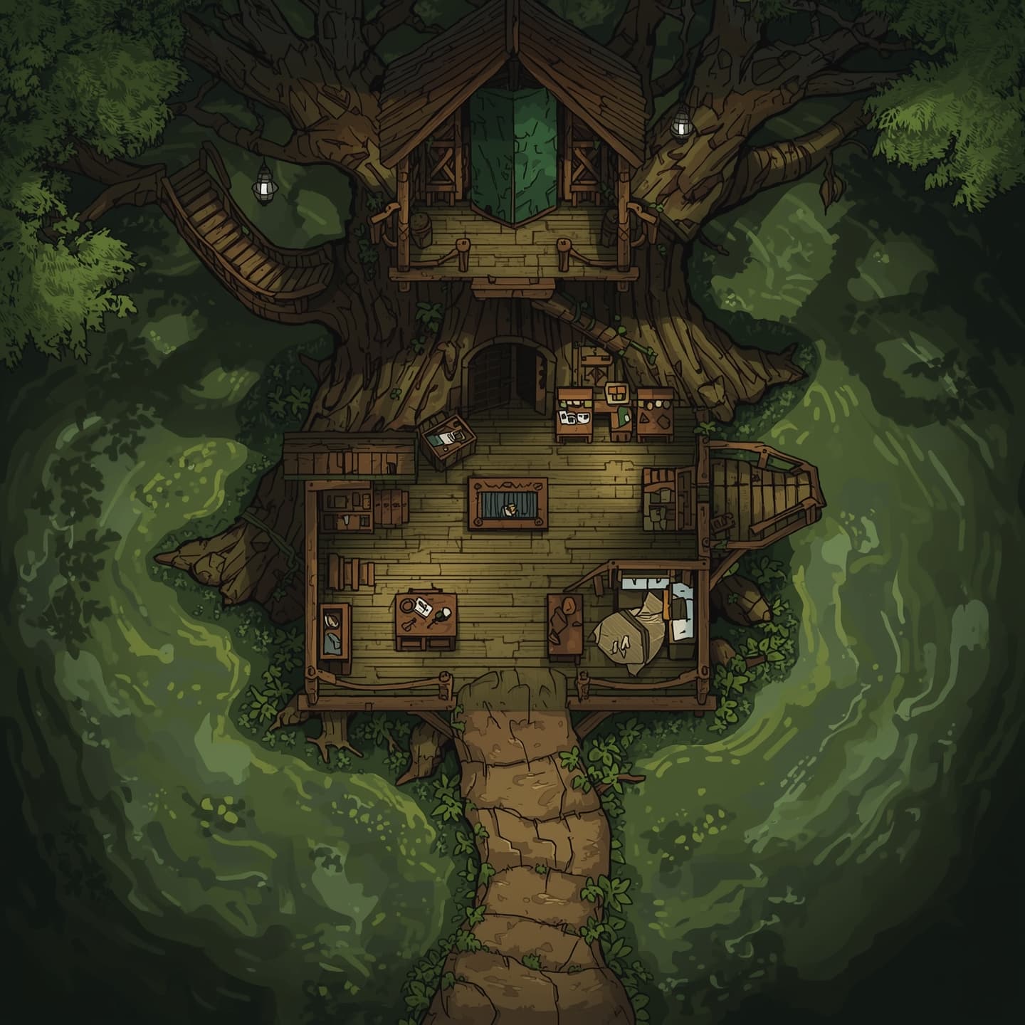 Treehouse in a swampy environment, depicted in a top-down floorplan view, with light coloring, intended for use as a dungeon map in a Dungeons and Dragons game, featuring a central tree trunk with branching supports, a thatched roof, and elevated walkways, surrounded by murky waters and lush greenery, with a worn dirt path leading up to the entrance, and subtle shading to indicate depth and texture, including furniture and fixtures such as wooden beds, tables, and chests, with a sense of mystical adventure and exploration, and a color palette that reflects the misty and mysterious atmosphere of the swamp.