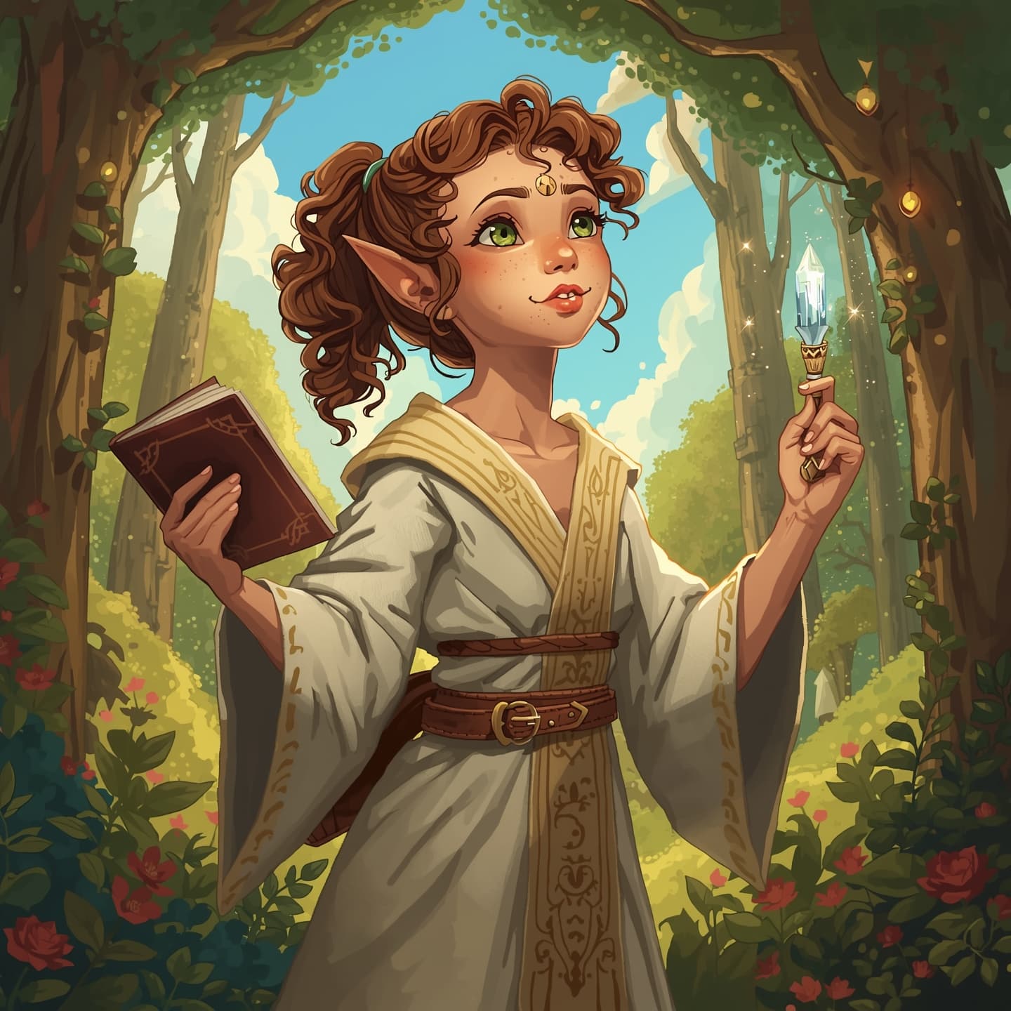 A young halfling wizard girl with a slender build and agile physique, dressed in a long, flowing white robe with intricate golden embroidery, her curly brown hair tied back in a ponytail, her bright green eyes sparkling with magic, her soft, heart-shaped face featuring a smattering of light freckles across the bridge of her nose, standing in a lush, vibrant forest surrounded by towering trees, with a leather-bound spellbook clutched in her left hand and a delicate, crystal-tipped wand held in her right, a sprinkle of glittering, shimmering fairy lights dancing around her, as she gazes upwards with a look of wonder and enchantment, set against a warm, sunny backdrop with a clear blue sky and fluffy white clouds, in a whimsical, fantastical style reminiscent of classic fantasy illustrations, with bold lines, vibrant colors, and meticulous attention to detail.