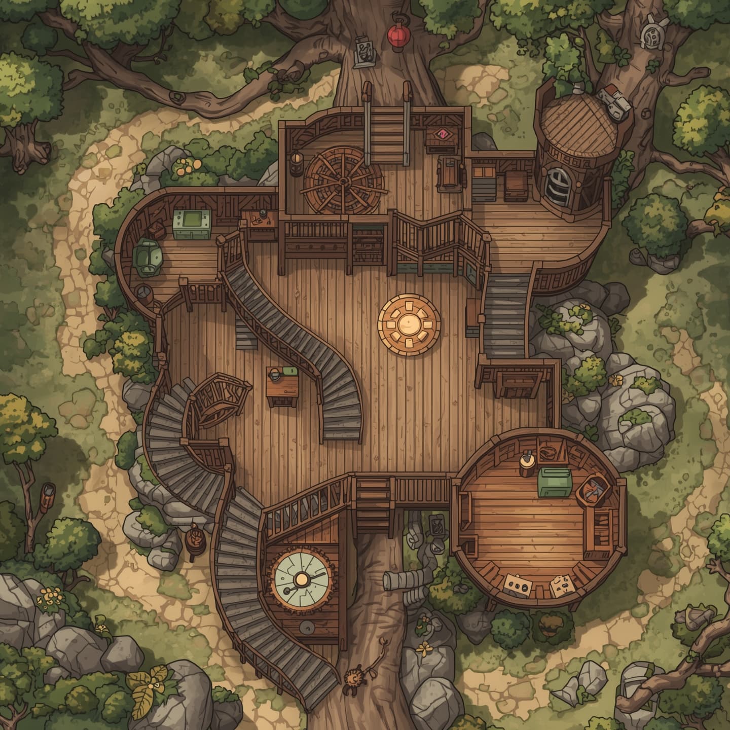 A whimsical treehouse, presented in a top-down floorplan view, with a light and airy coloring scheme, specifically designed for use as a Dungeons and Dragons battlemap, featuring intricate details such as wooden plank floors, winding staircases, and cozy nooks, with a warm and inviting atmosphere, incorporating a mix of natural earthy tones and soft pastel colors, and including various rooms and areas, such as a grand hall, a kitchen, and a lookout tower, all carefully arranged to facilitate thrilling adventures and strategic gameplay.