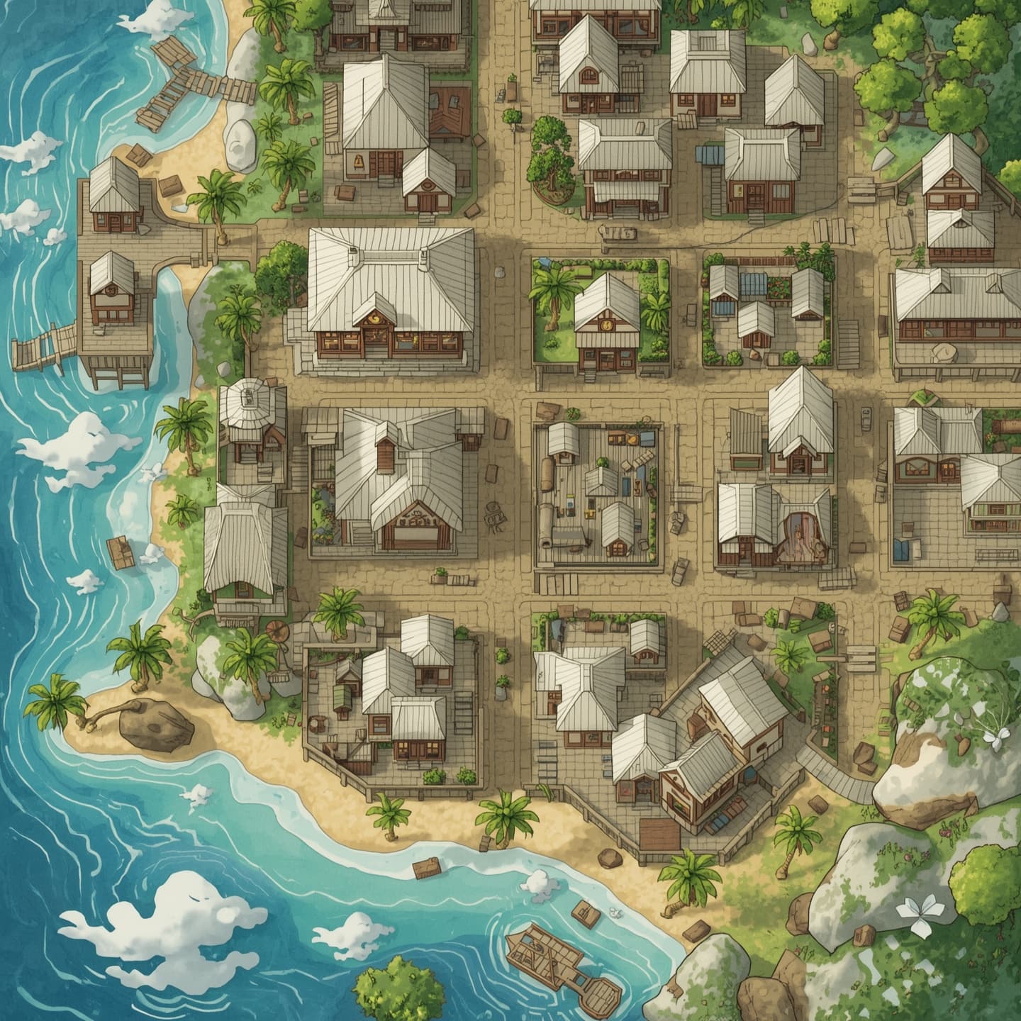 A serene coastal town unfolded in a top-down floorplan view, with light-colored buildings, sandy beaches, and meandering streets, crafted in a hand-drawn style, featuring a mix of small cottages, shops, and inns, with the town's central square positioned near the shoreline, surrounded by palm trees and vibrant market stalls, all set against a soft blue sky with fluffy white clouds, created for use as a Dungeons and Dragons battlemap, with intricate details and textures, inviting players to explore its charming streets and hidden alleyways.