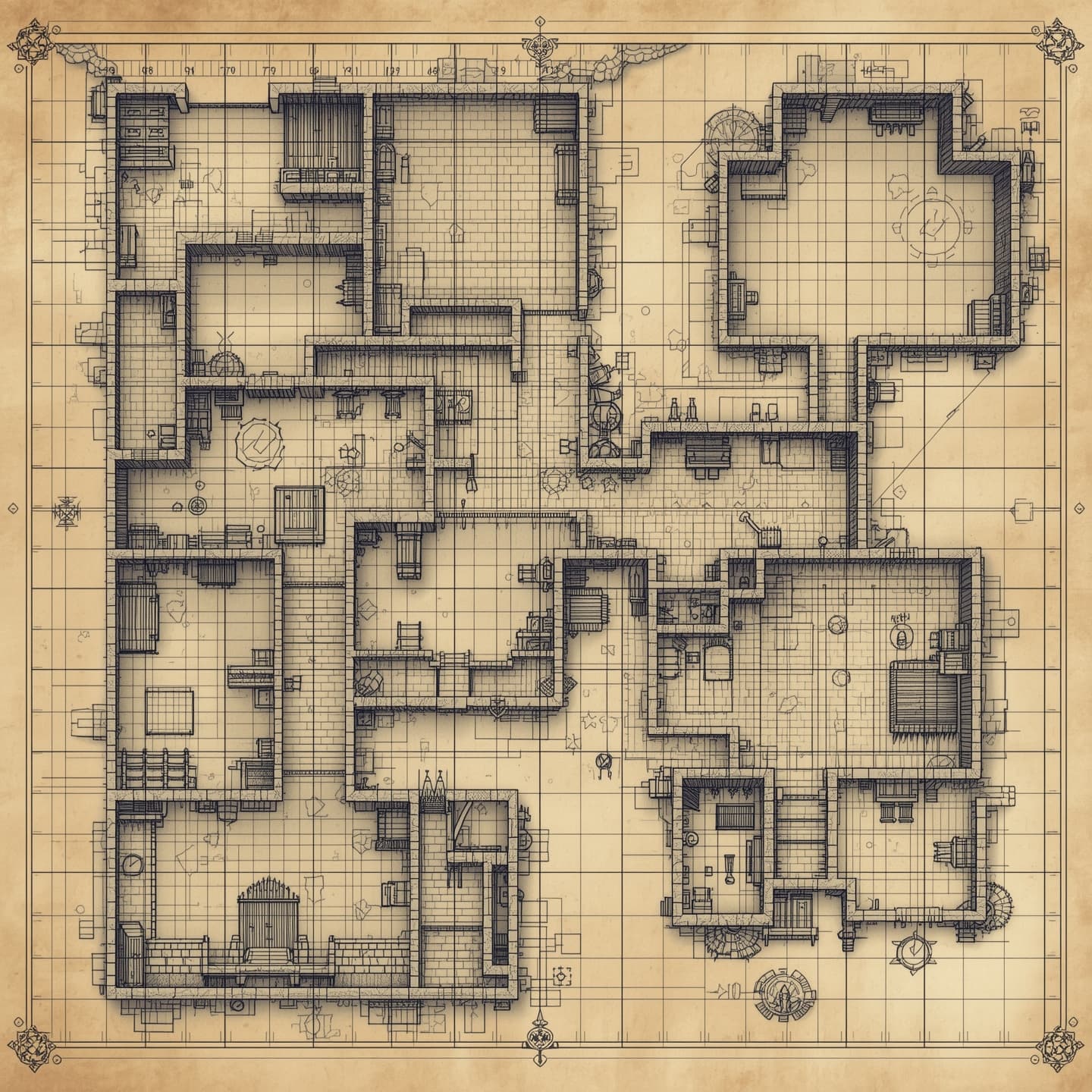 A highly detailed battlemap for Dungeons and Dragons in black and white, rendered in a hand drawn style with intricate lines and textures, presented in a floorplan view with precise measurements and scale, featuring a variety of room shapes and sizes, including corridors, chambers, and potentially hidden passages, all showcased on a grid system to facilitate gameplay, with hand drawn symbols and markings to denote different areas and points of interest, and a range of environmental features such as doors, windows, and stairways, all captured in a beautifully rendered and immersive hand drawn aesthetic.